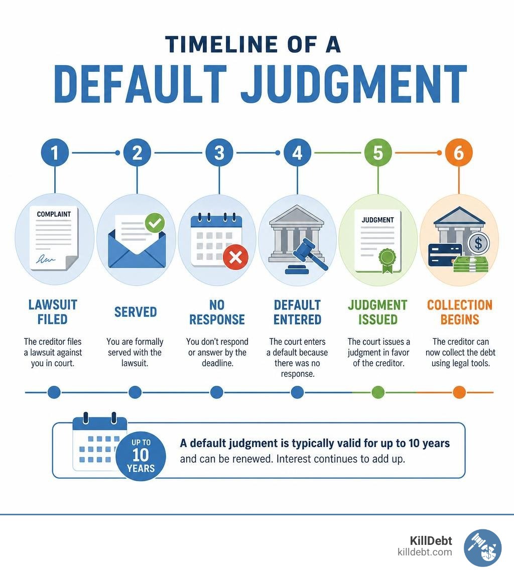 Timeline of a default judgment: lawsuit filed, served, no response, default entered, judgment issued, collection begins