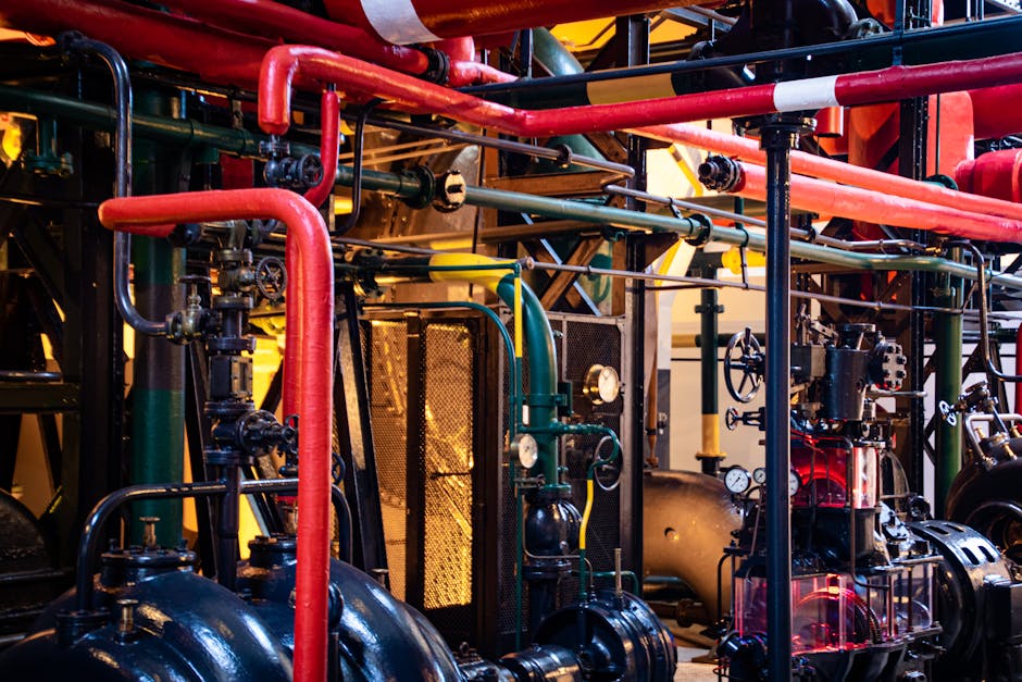 Complex network of industrial pipes and machinery inside a Lisbon plant.