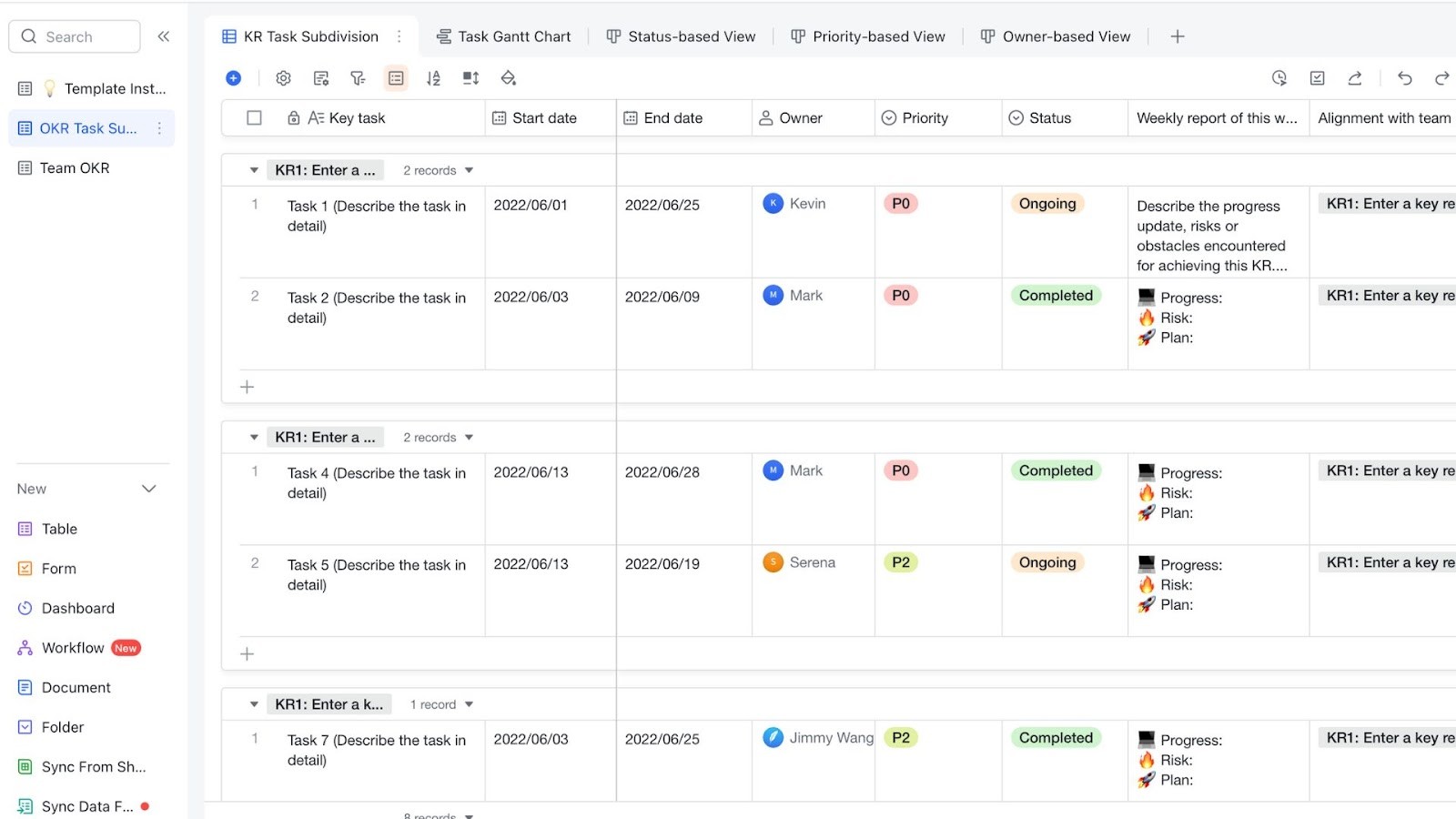 Lark OKR Task Subdivision and Progress Control template