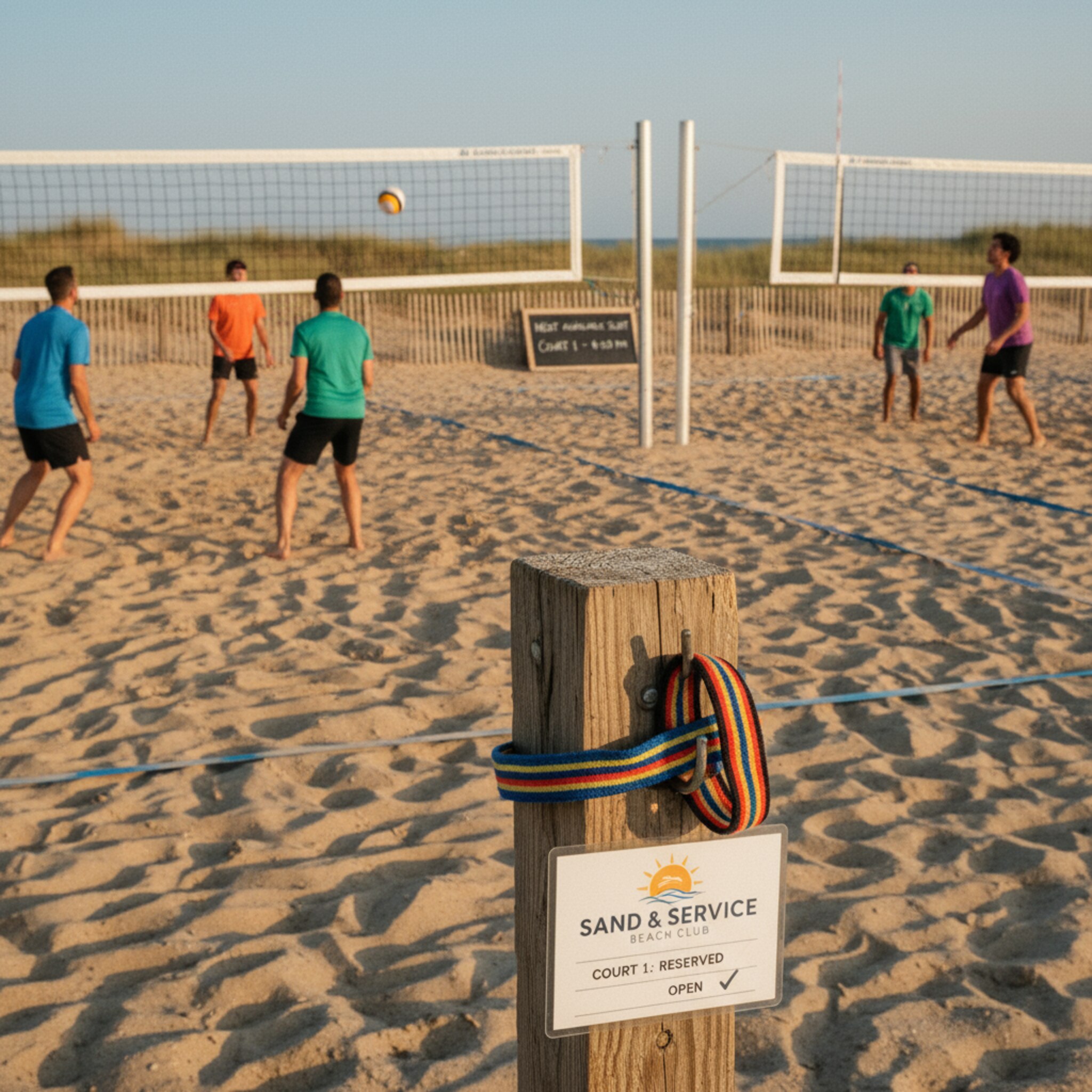 Die Nachmittagssonne wirft ein weiches Licht auf den Sand, ein Platz ist belegt, der Nachbarplatz leer. An einem Haken hängen zwei farbige Armbänder, daneben eine Karte mit Vereinslogo. Die Szene vermittelt faire Prioritäten und eine durchdachte Belegungslogik. Im Hintergrund wartet ein freier Slot auf das nächste Match.