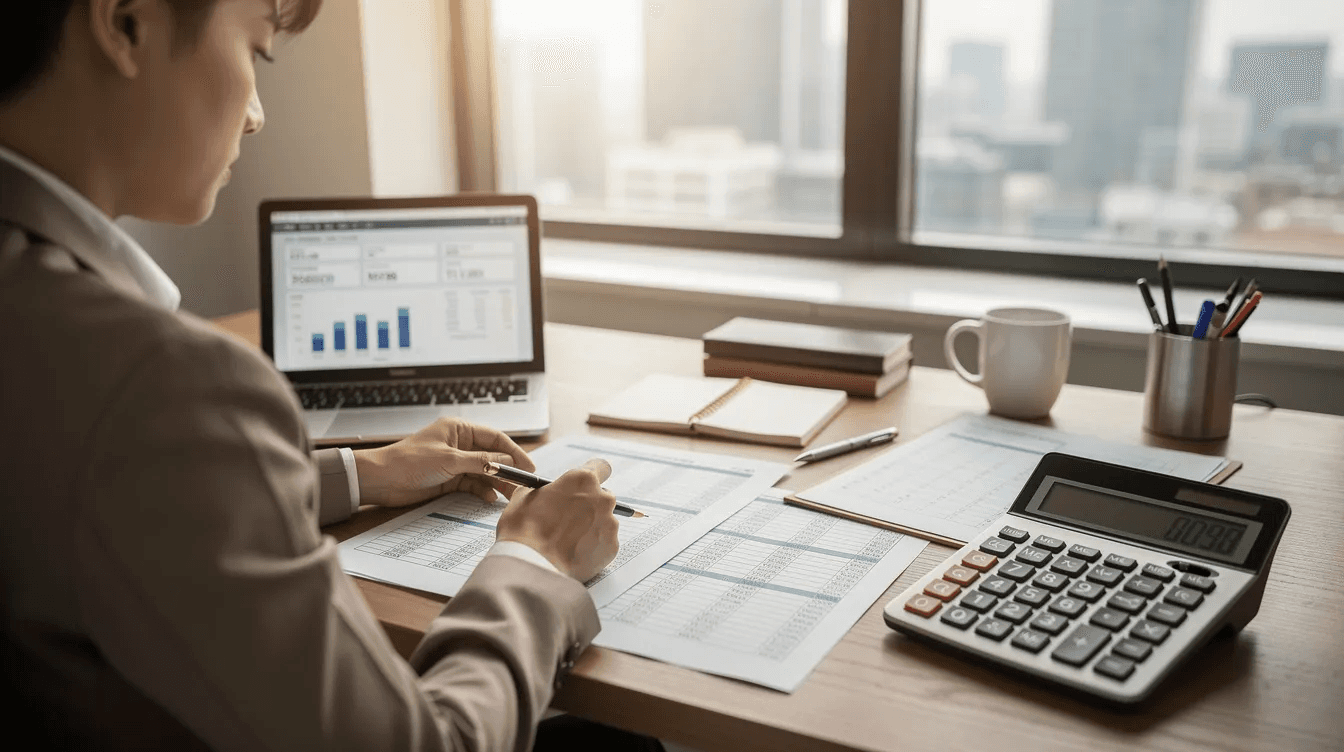 A professional accountant is seated at a desk, meticulously reviewing financial documents with a calculator and laptop nearby, reflecting the importance of accurate financial records and corporate tax compliance in Dubai, United Arab Emirates. This scene highlights the critical role of accounting services and auditing services in ensuring financial integrity and supporting business operations.