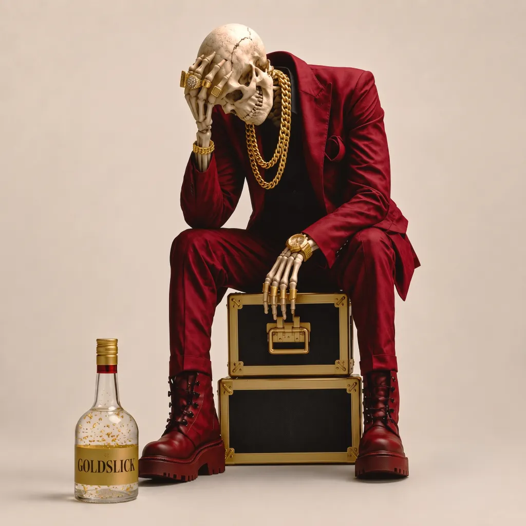 GOLDSLICK — skeletal figure in a red suit seated on gold-trimmed trunks beside a GOLDSLICK bottle