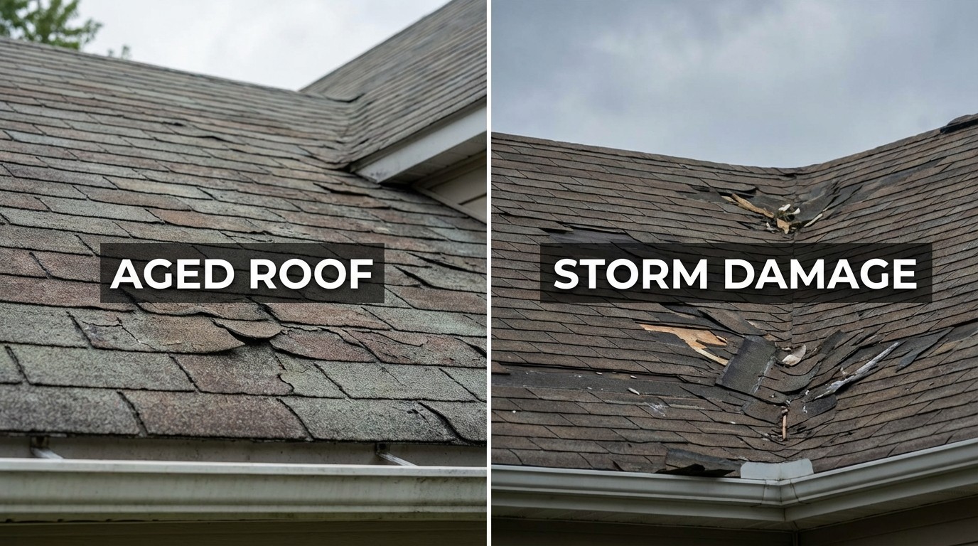 Comparison of aged roof wear versus storm damage on residential roofs