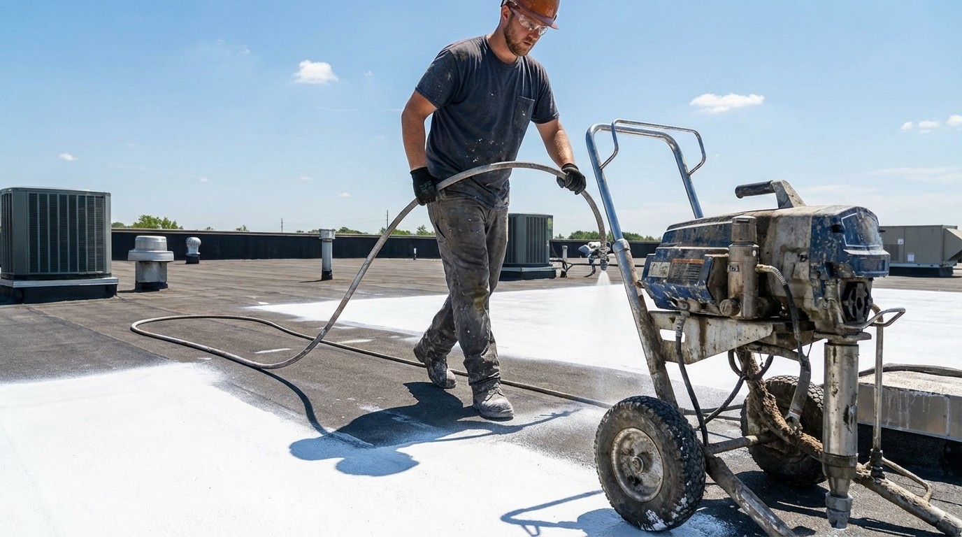 A professional roofing contractor wearing safety gear uses a spray gun to apply a white liquid waterproofing coating to a large flat commercial roof on a sunny day.