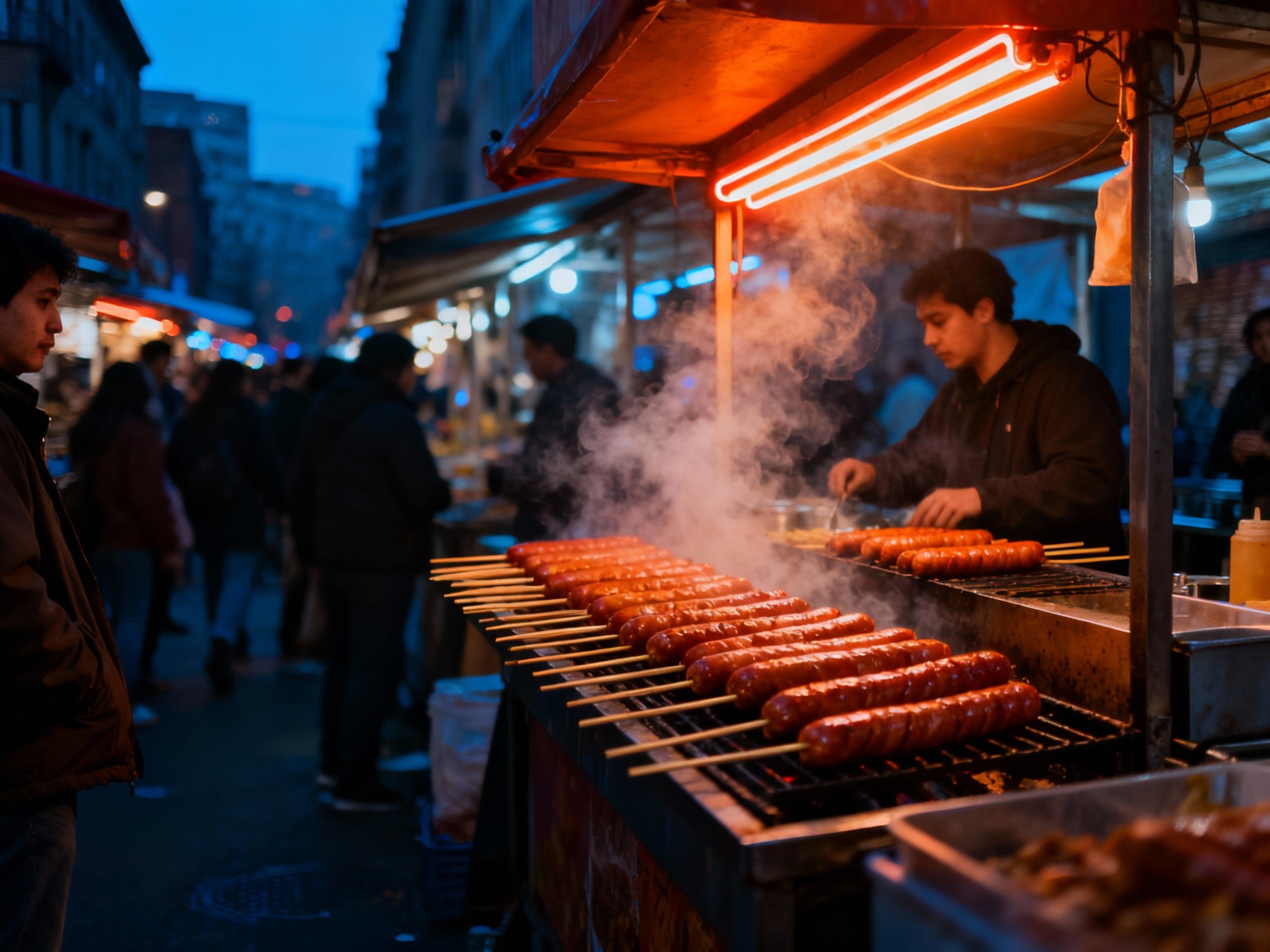 An atmospheric wide-angle view of a cozy urban street food market at twilight, showcasing a vendor's
