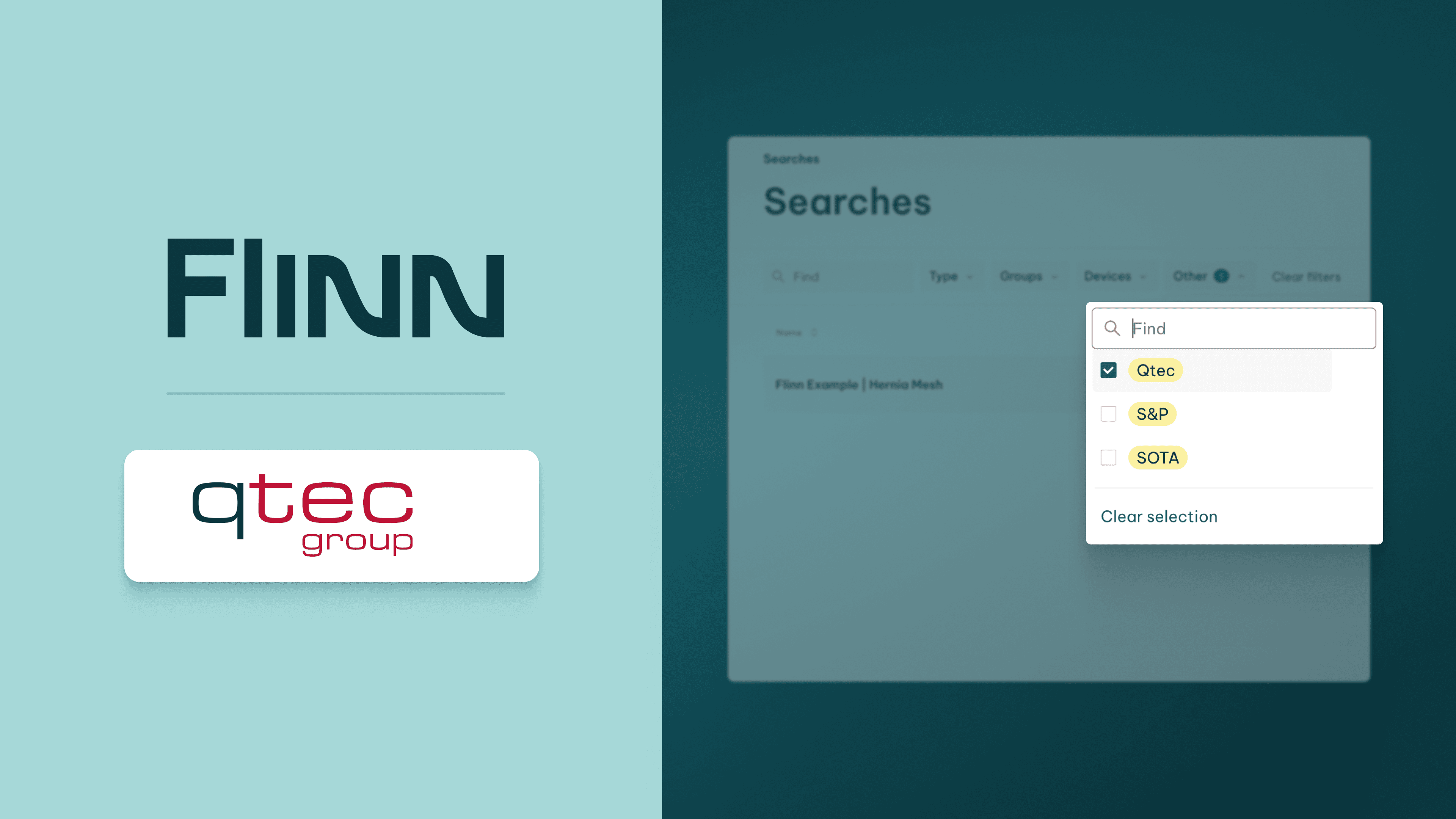 Flinn and qtec partnership header graphic showing both logos on the left and a blurred Flinn search interface with a filter panel on the right, symbolizing integrated clinical evaluation workflows.