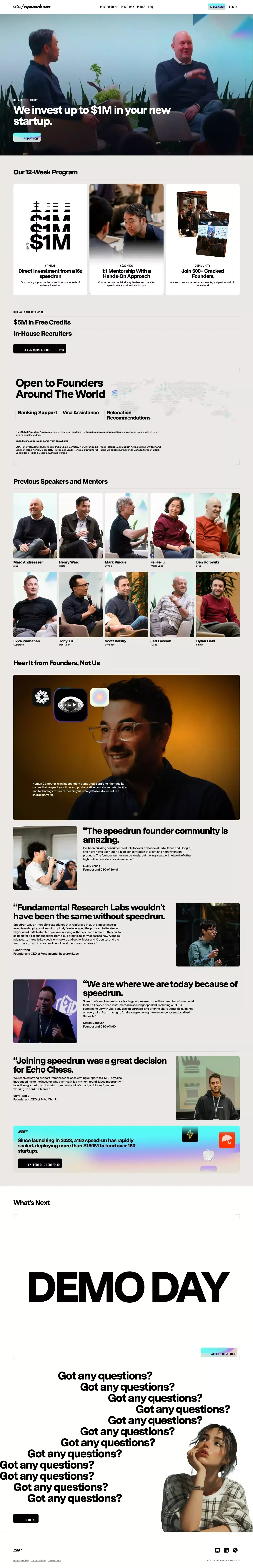 a16z speedrun landing page screenshot showcasing Finance design