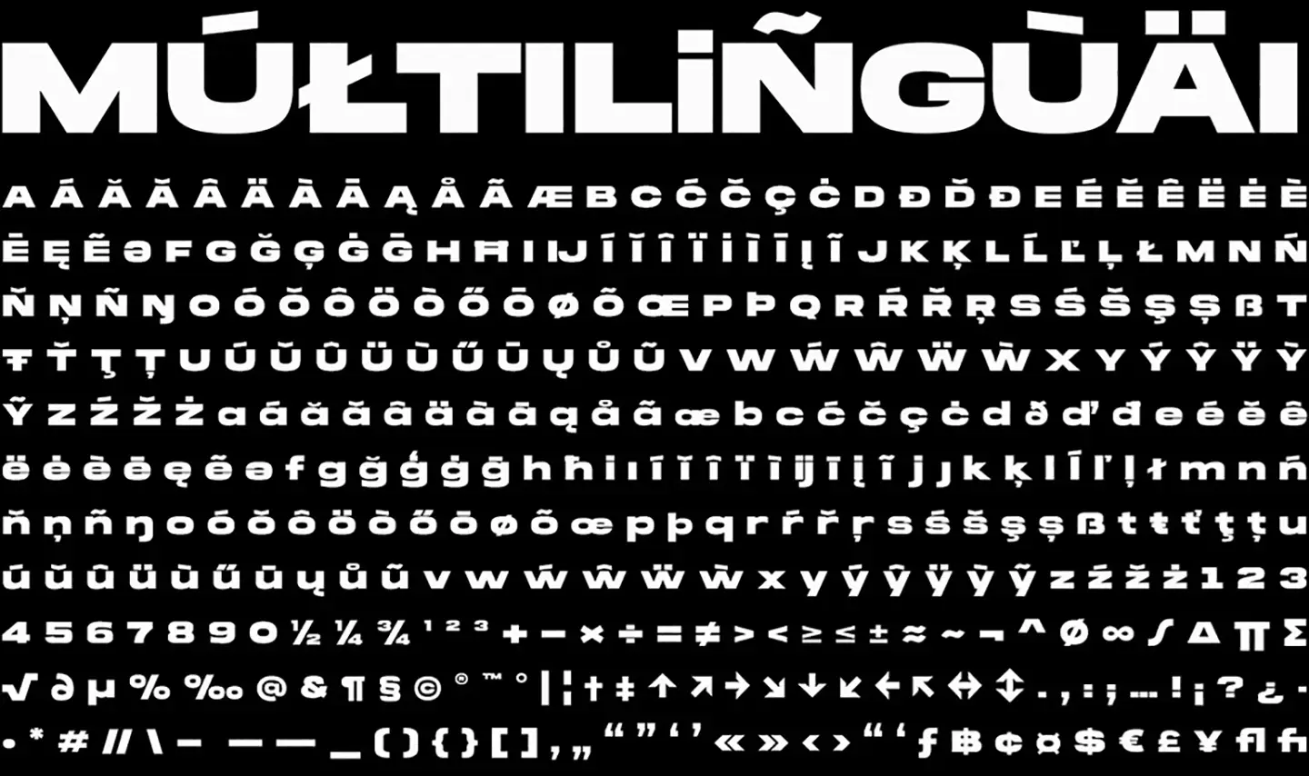 Complete overview of 400 glyphs and 93 languages supported by the Brachial ultra wide typeface