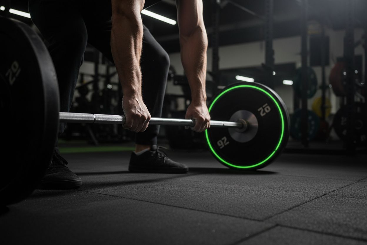 Athlete gripping barbell before a heavy deadlift in a strength training session