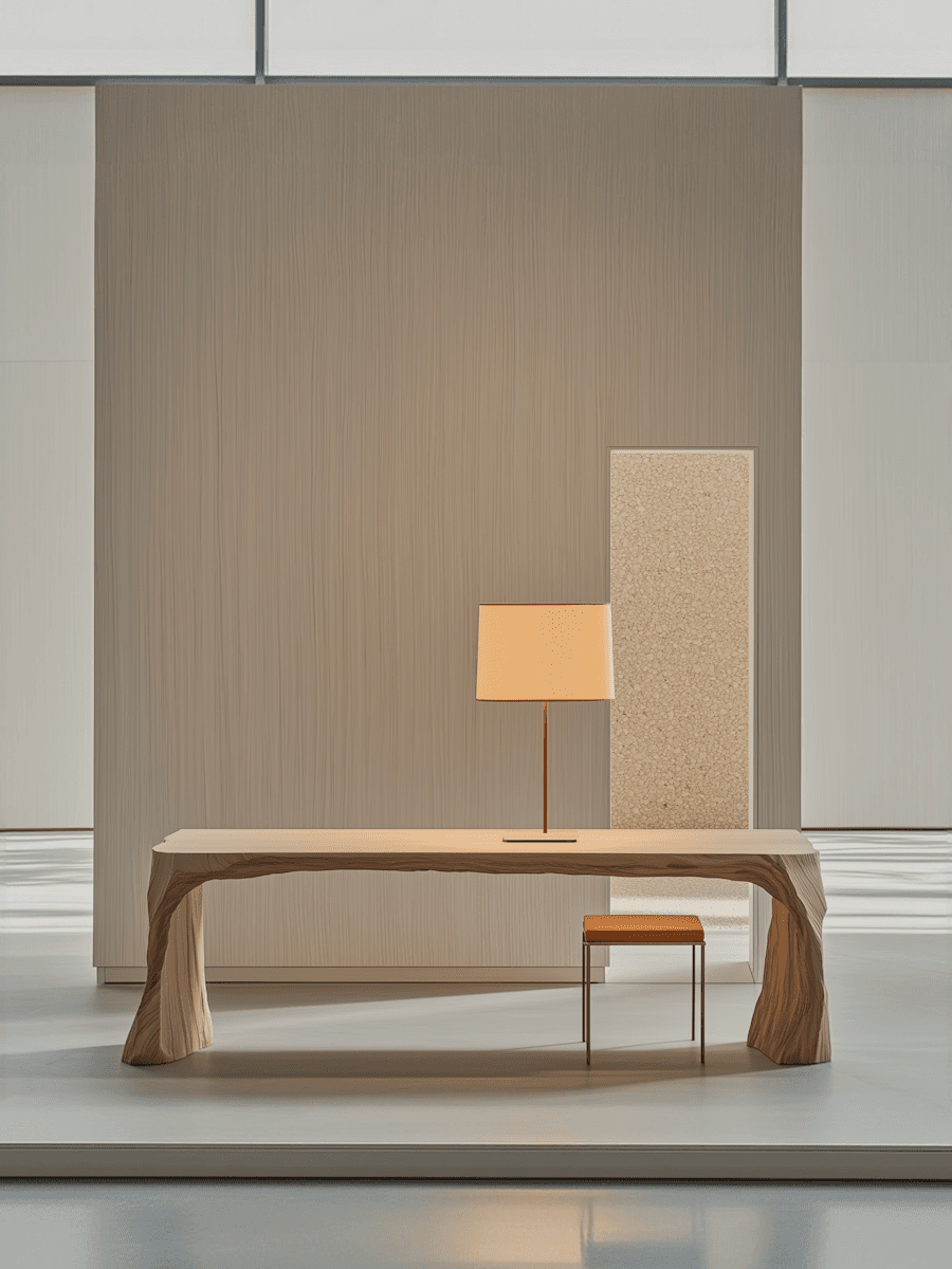 Modern minimalist entryway vignette featuring curved wooden console table with brass table lamp and abstract art, set against neutral taupe walls with horizontal molding details