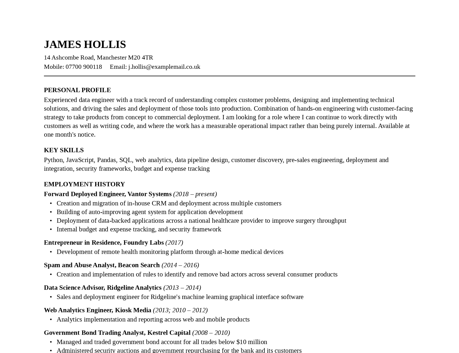 The candidate's original CV