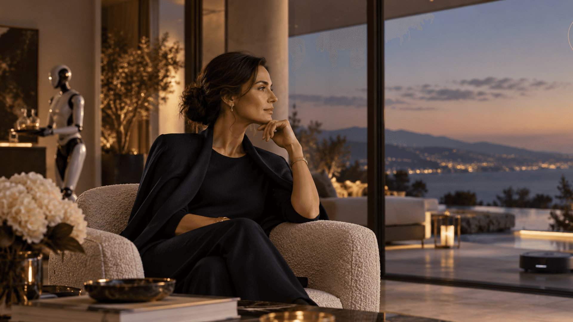Woman seated in a lounge chair at dusk with a humanoid robot in the background, overlooking a coastal view through floor-to-ceiling windows