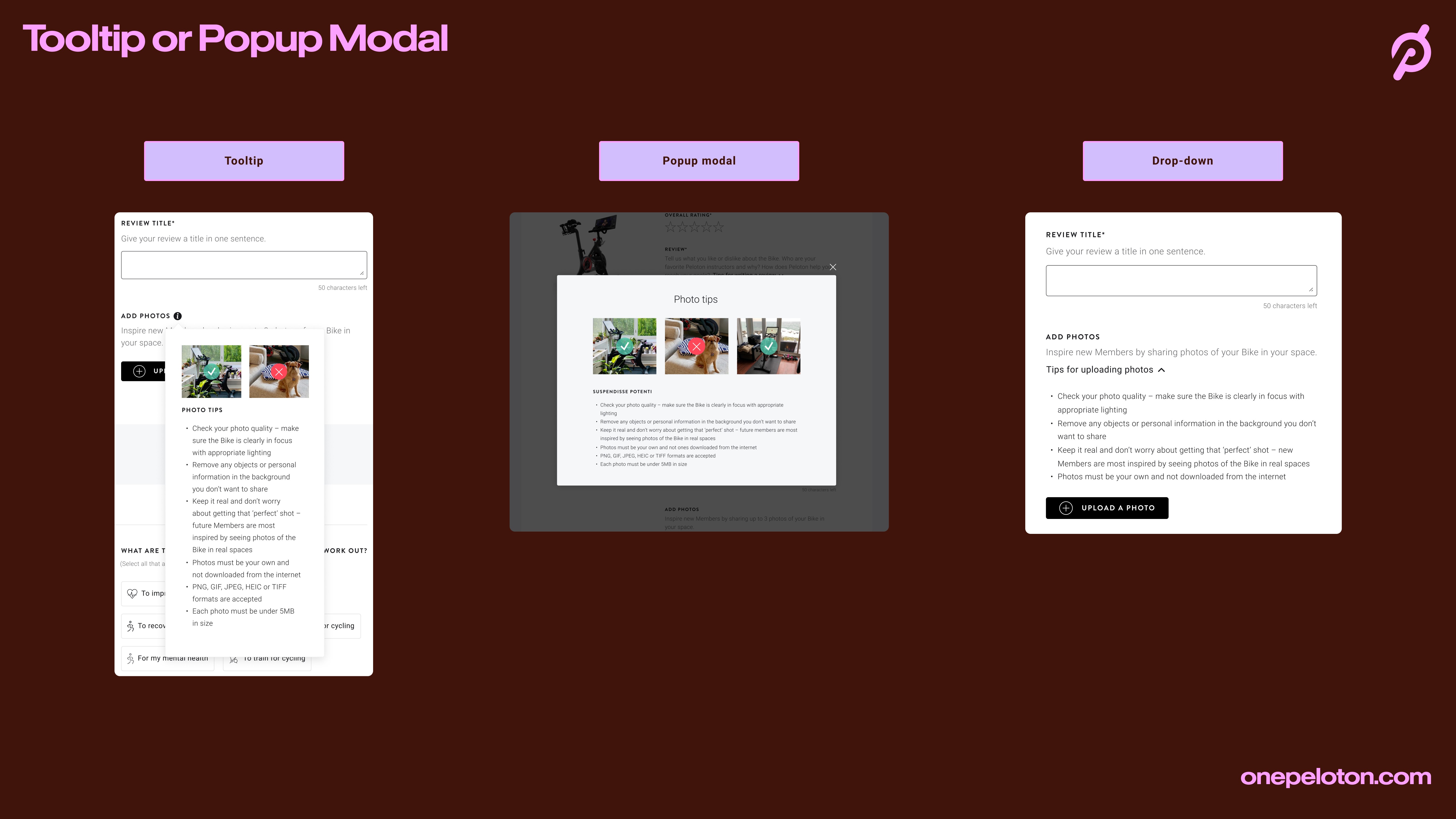 Tips presentation options: tooltip, pop-up modal and drop-down accordion