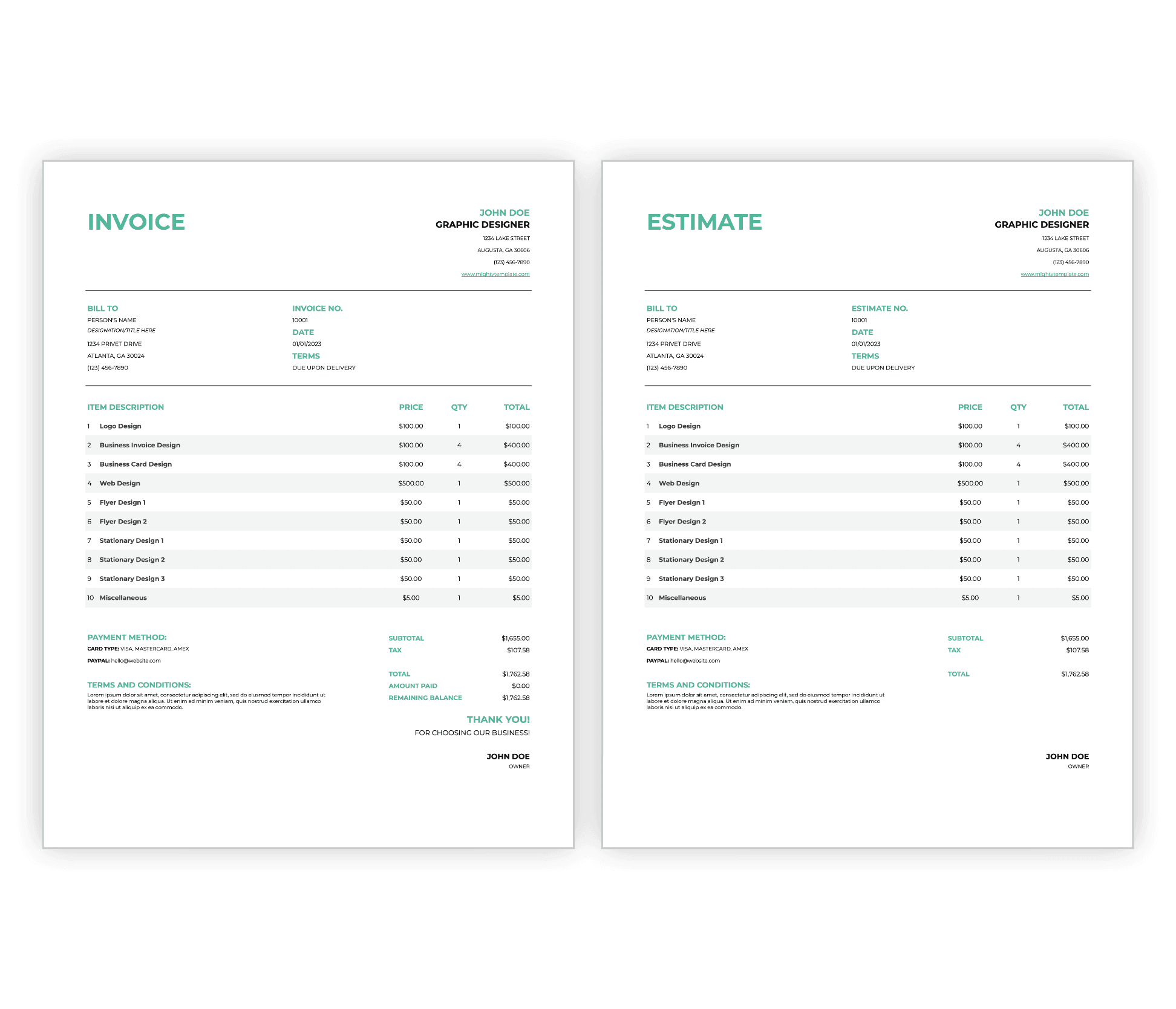 Professional business invoice and estimate templates side-by-side mockup in clean modern design with green accents – Mighty Template