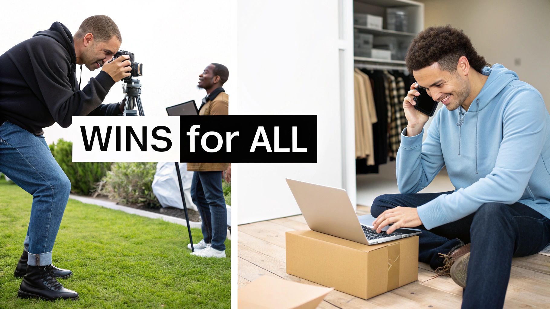 Diverse individuals achieving success: a photographer creating content and a man managing an online business.