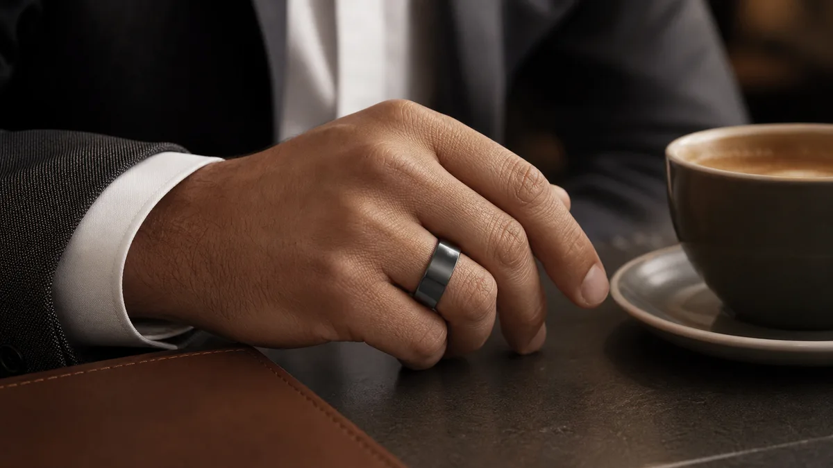 A man's hand wearing a dark metal smart tasbih ring beside a suit cuff and coffee cup