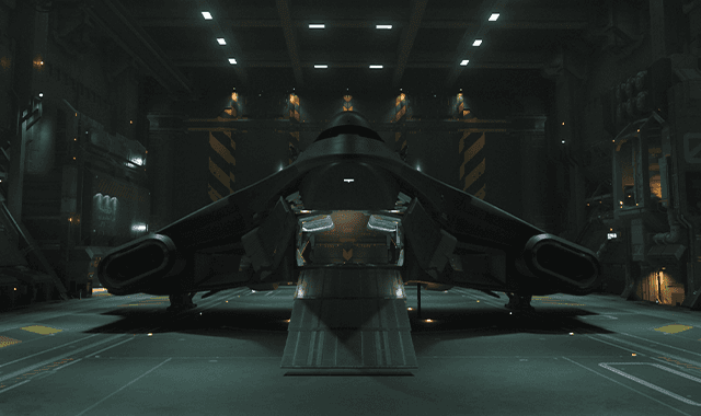 A C2 Hercules with its cargo bay doors open in a large hangar on at Teasa Spaceport, Lorville