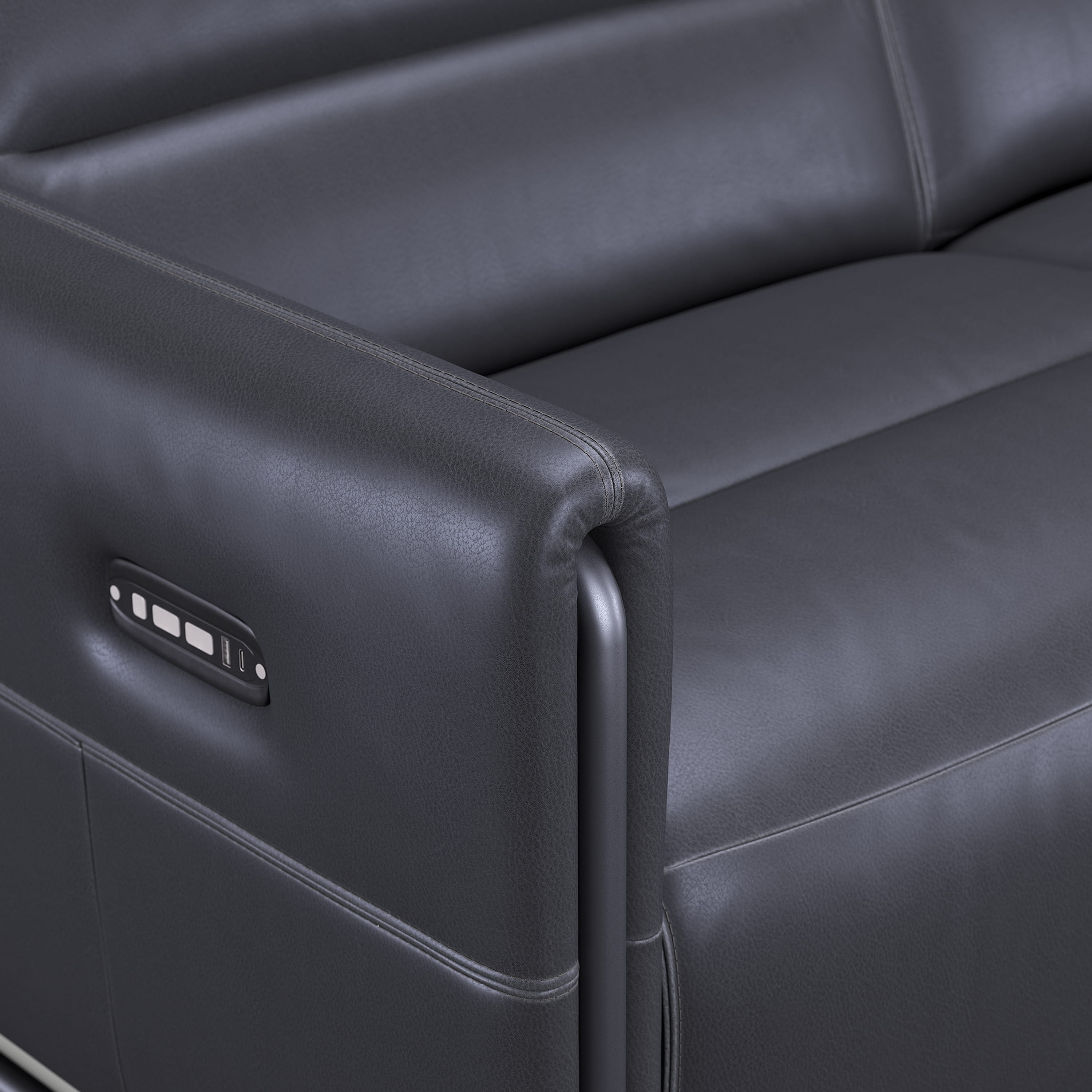 Close-up 3D render of leather sofa armrest showing material texture and stitching detail