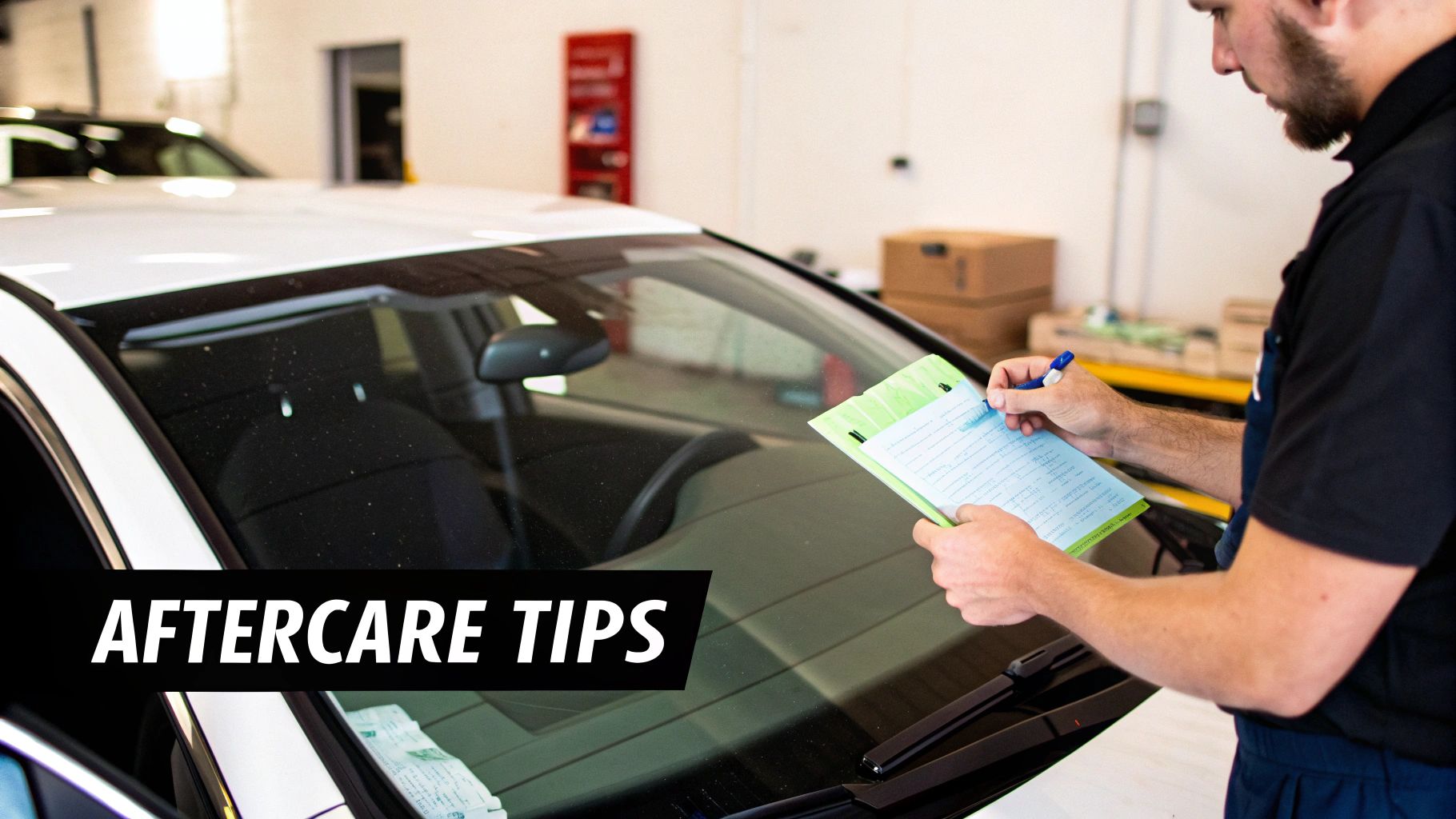 Technician inspecting a white car's windshield, holding a clipboard and pen, in a garage setting.