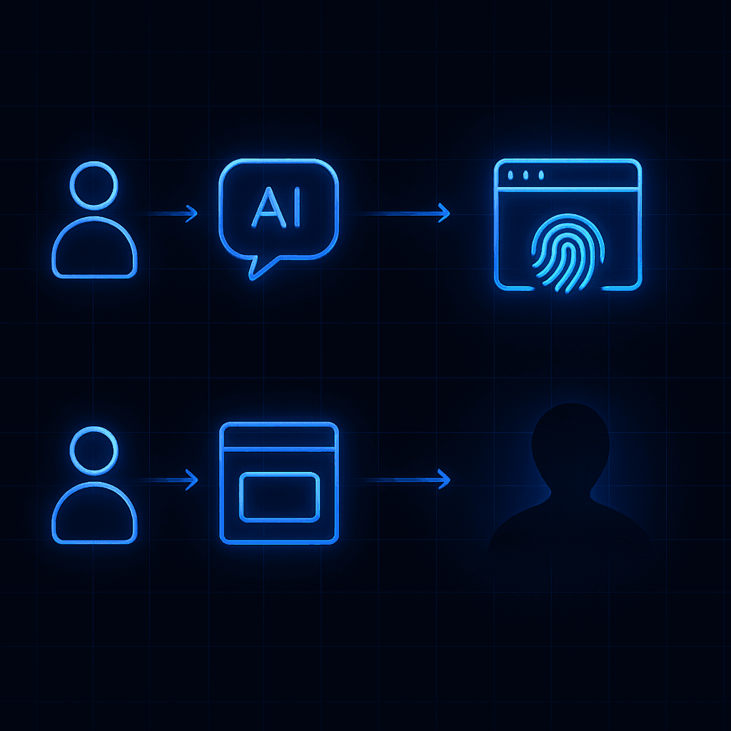 Parallel flows contrast identified AI-referred visitor becoming a CRM lead with an anonymous visitor who drops off
