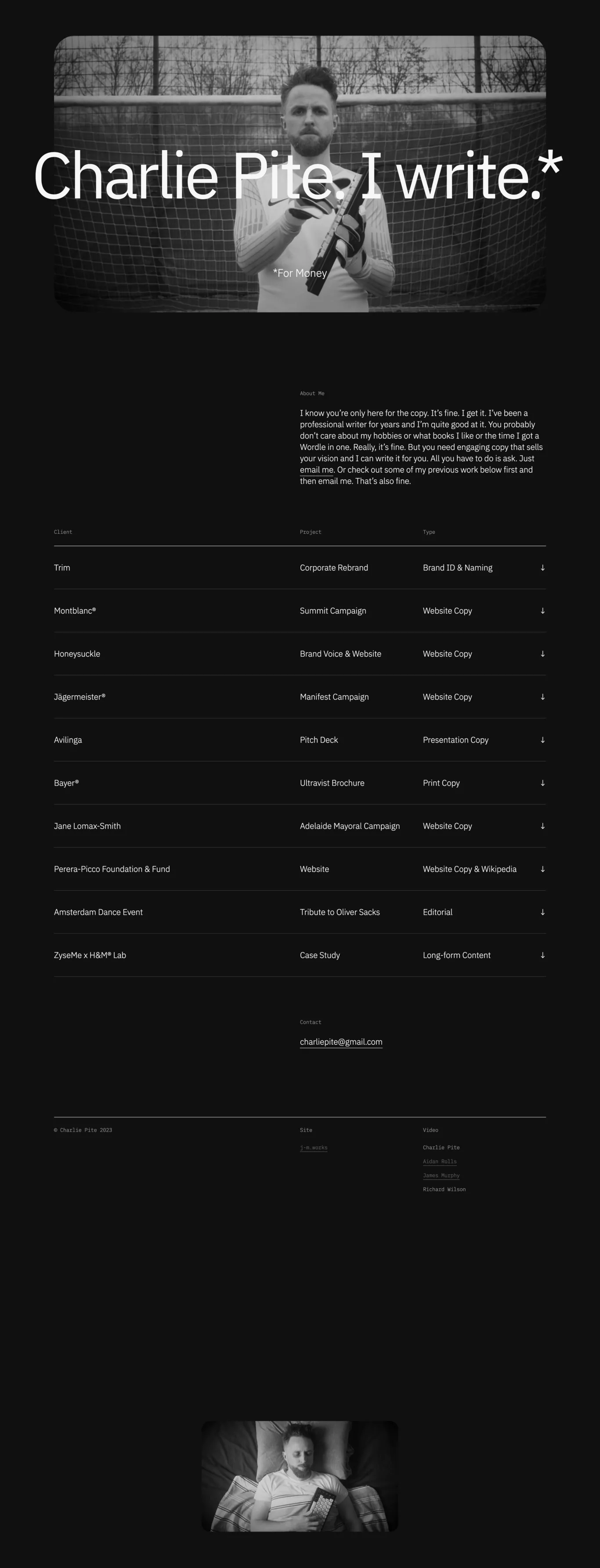 Charlie Pite. I write. portfolio page screenshot showcasing Marketing and Writing design