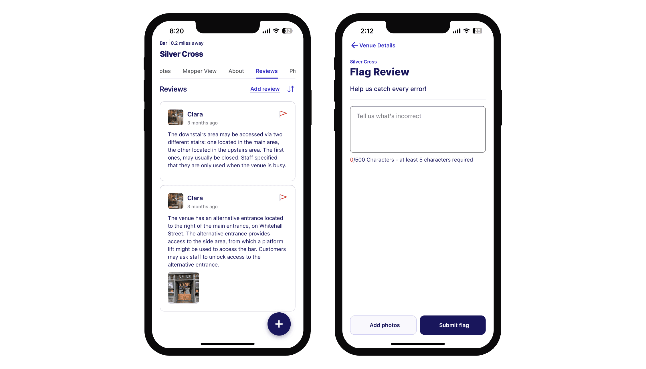 Screenshots of the sociability app showing how to flag a review