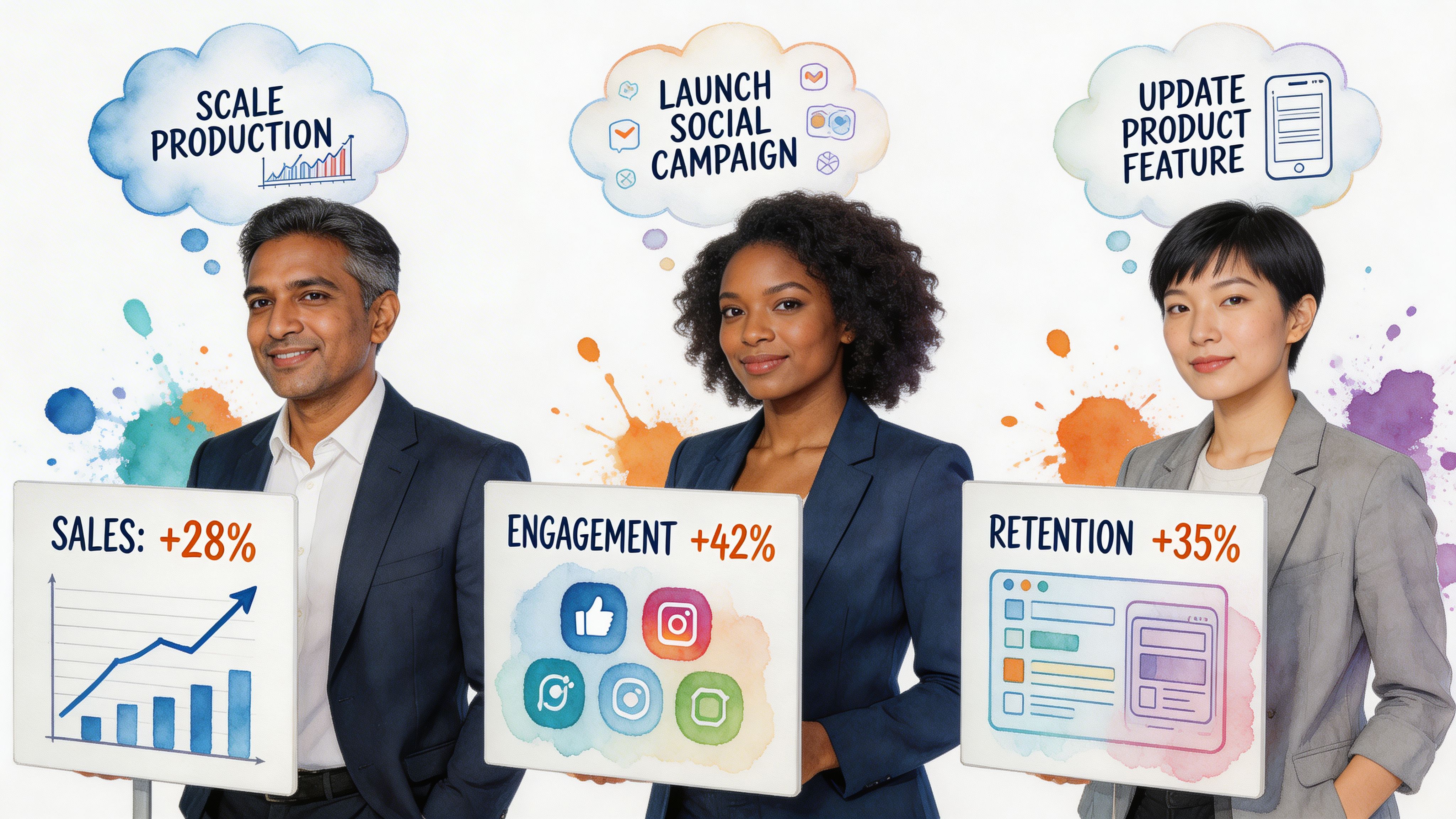 Three diverse business professionals holding signs showing performance metrics for production, social engagement, and product retention.