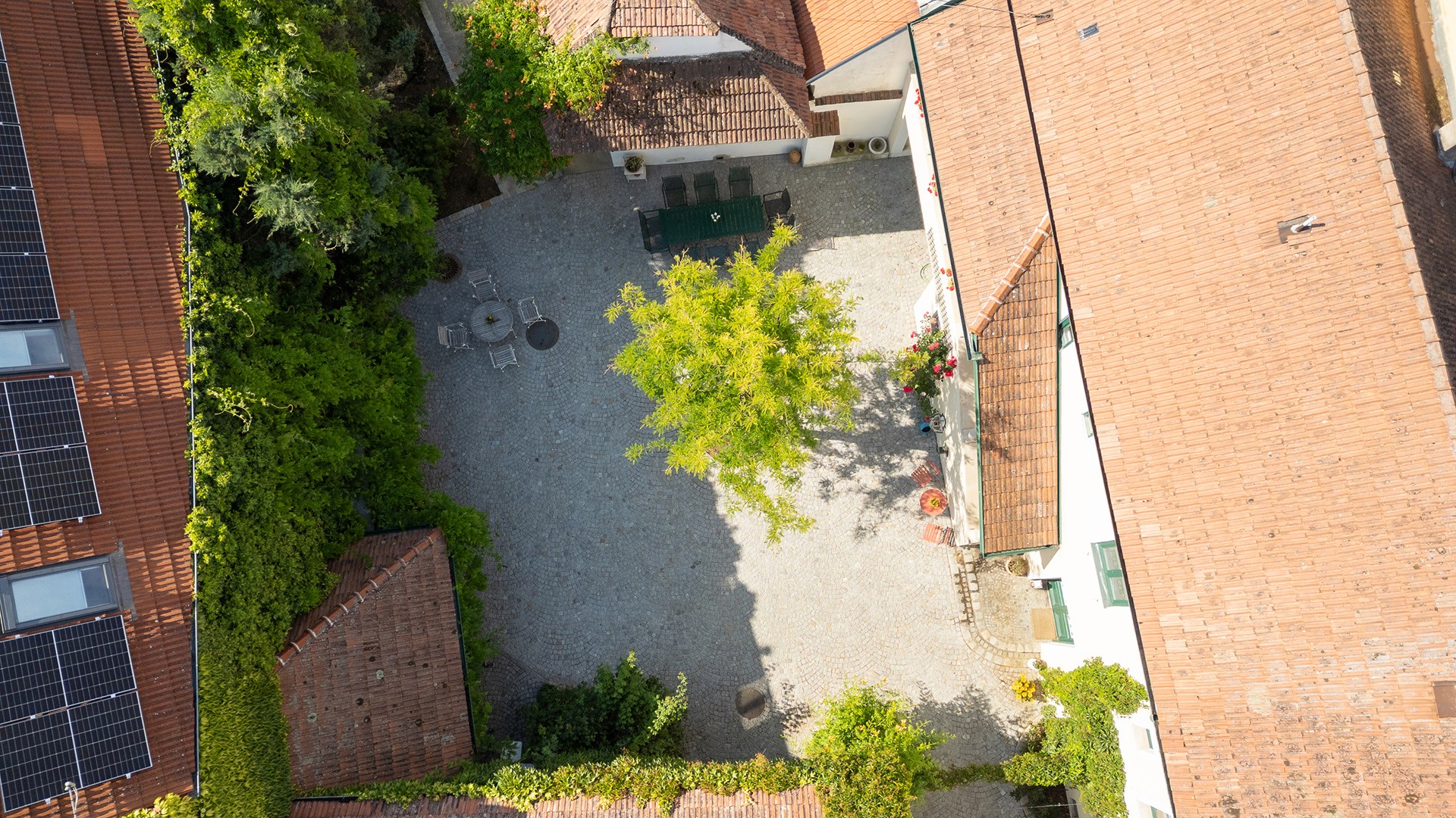 Luftaufnahme eines Weingut-Innenhofs mit Solitärbaum, Sitzbereich und umliegenden Gebäuden.