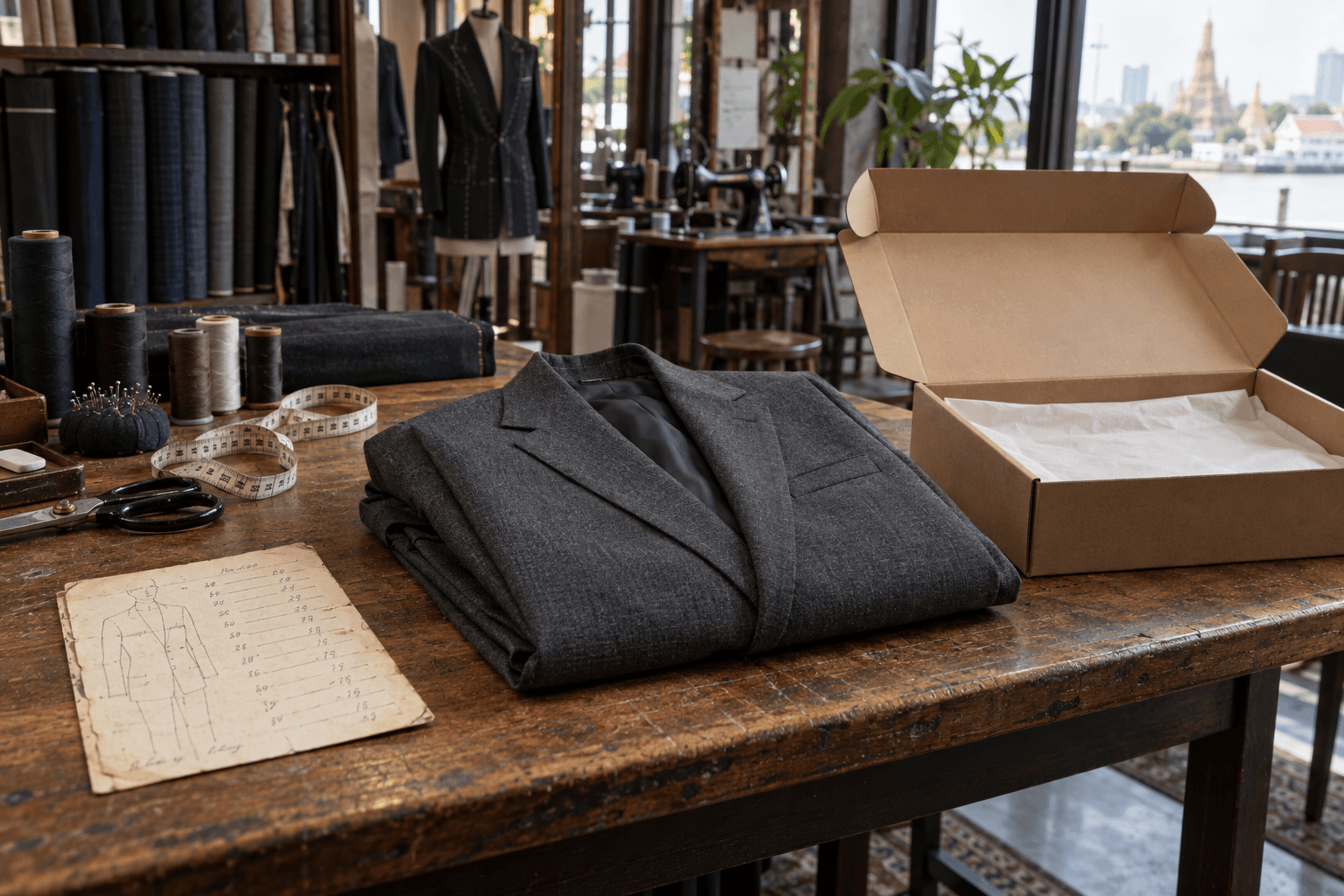 A tailor's dated measurement card and a folded grey wool suit beside an open flat courier box on a cutting table in Bangkok