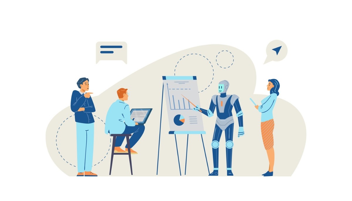 Illustration of a humanoid robot presenting data to a diverse team of managers.
