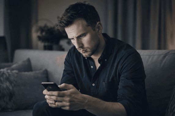 Nachdenklicher Mann auf Couch mit Smartphone. Konzentriert beim Lesen oder Tippen.