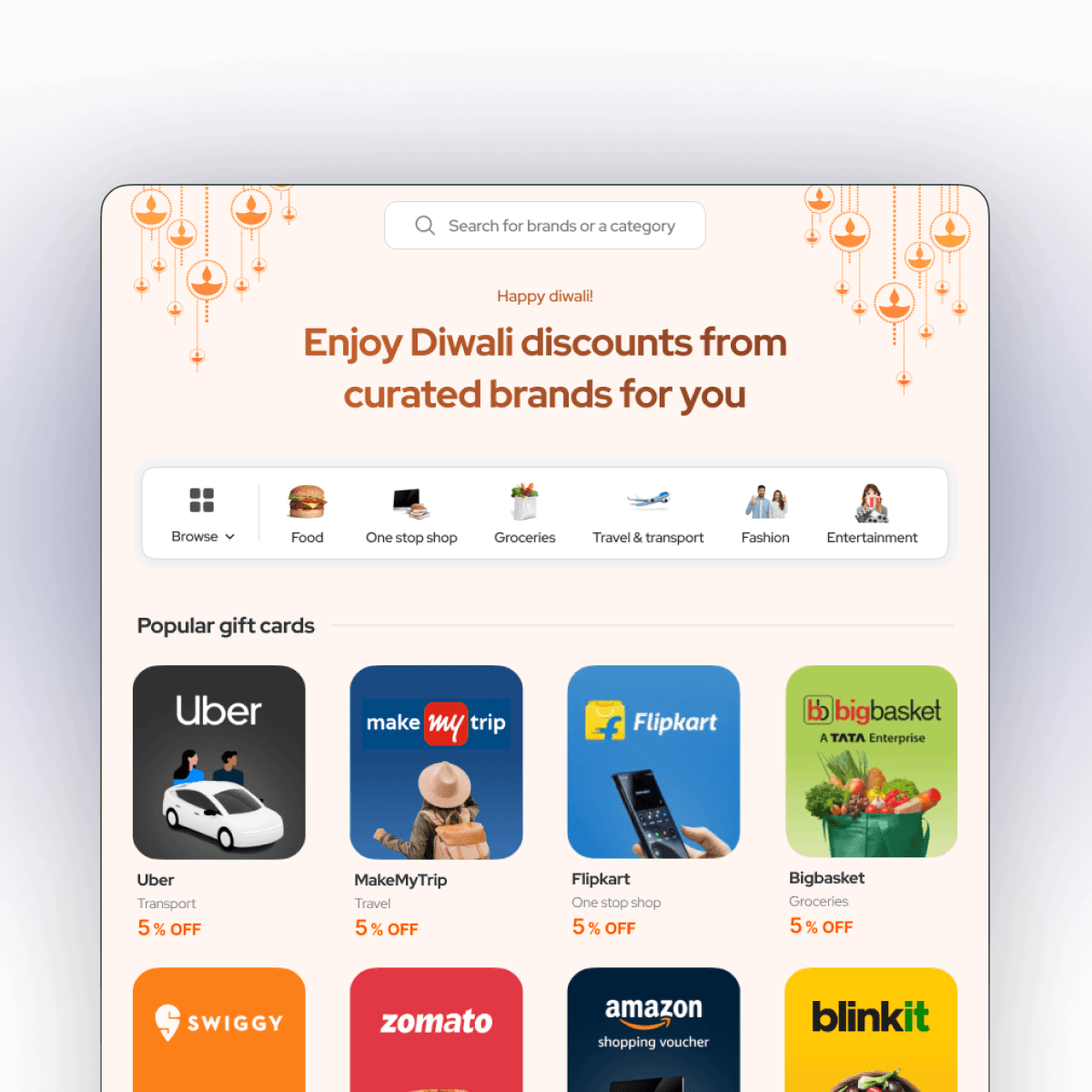 Rewards store by Hubble Money - A platform for users to redeem rewards from 450+ brands across categories like Food, Groceries, Travel, Fashion, Entertainment.