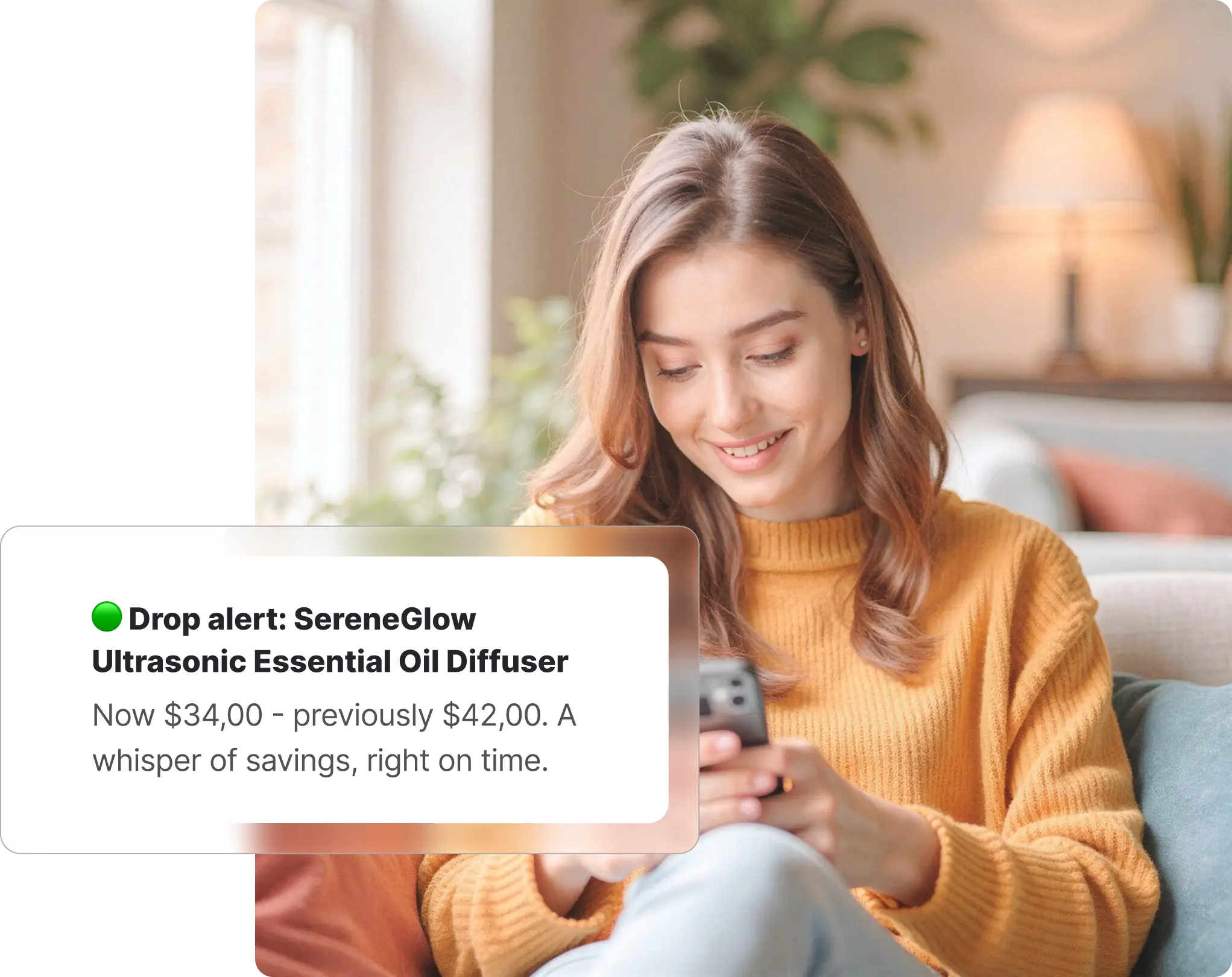 Woman receiving a Whisprice price drop alert notification on her phone