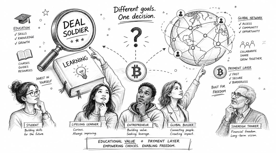 A hand-drawn illustration depicting educational resources, a Bitcoin symbol, a global network, and diverse individuals making choices.