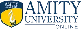 The image features the Amity University Online logo, showcasing a prominent blue and gold color scheme with a torch symbol, representing education, aligning with online learning platforms like EazyGrad and unbiased counseling for UG/PG degree programs.