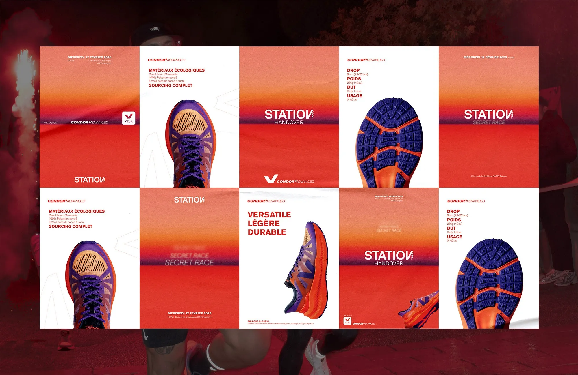 Identité graphique, affichage et édition de fiches techniques produits pour la chaussure de running Veja Condor III advanced.