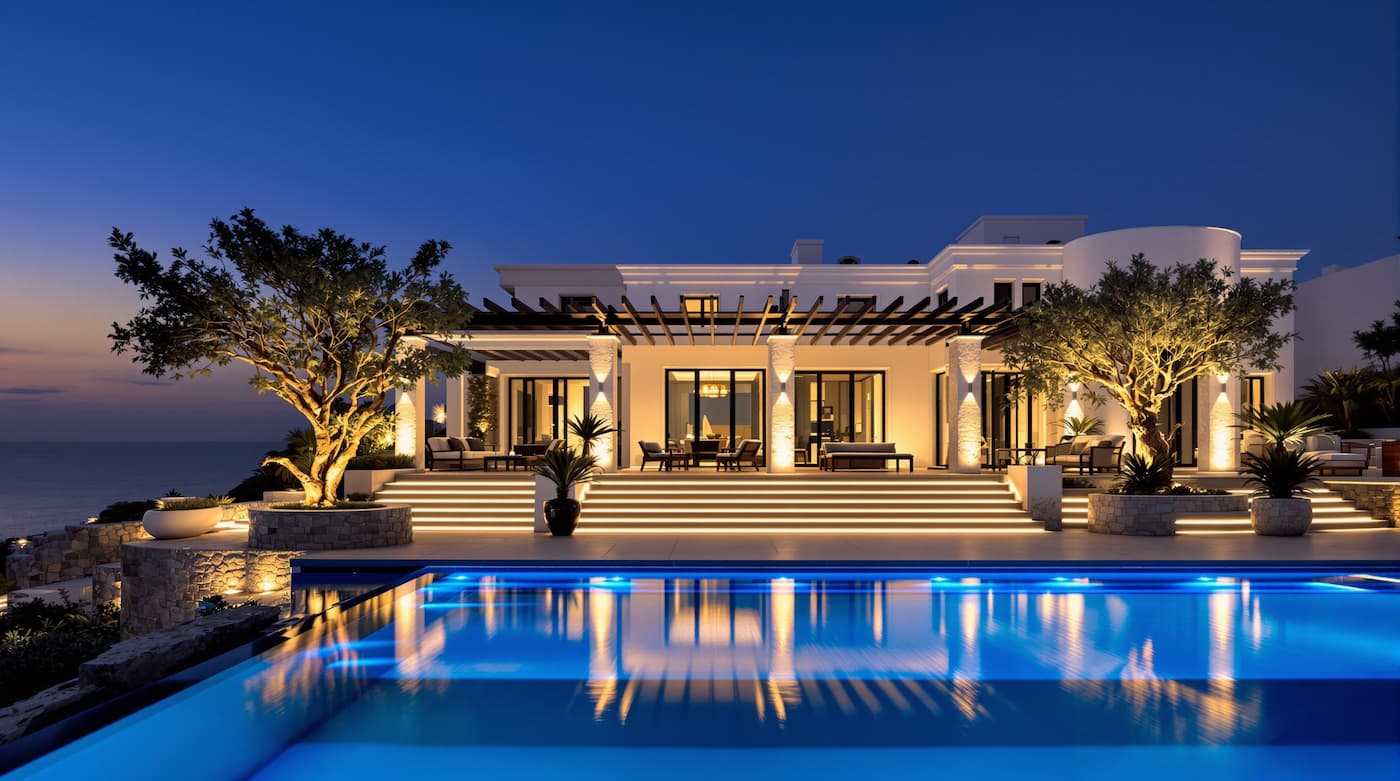 واجهة فيلا نيو كلاسيك ليلية تبرز جمال حجر الرياض الأبيض مع استخدام الإضاءة المخفية السفلية (Wall Washing) لتعزيز فخامة التصميم الخارجي.