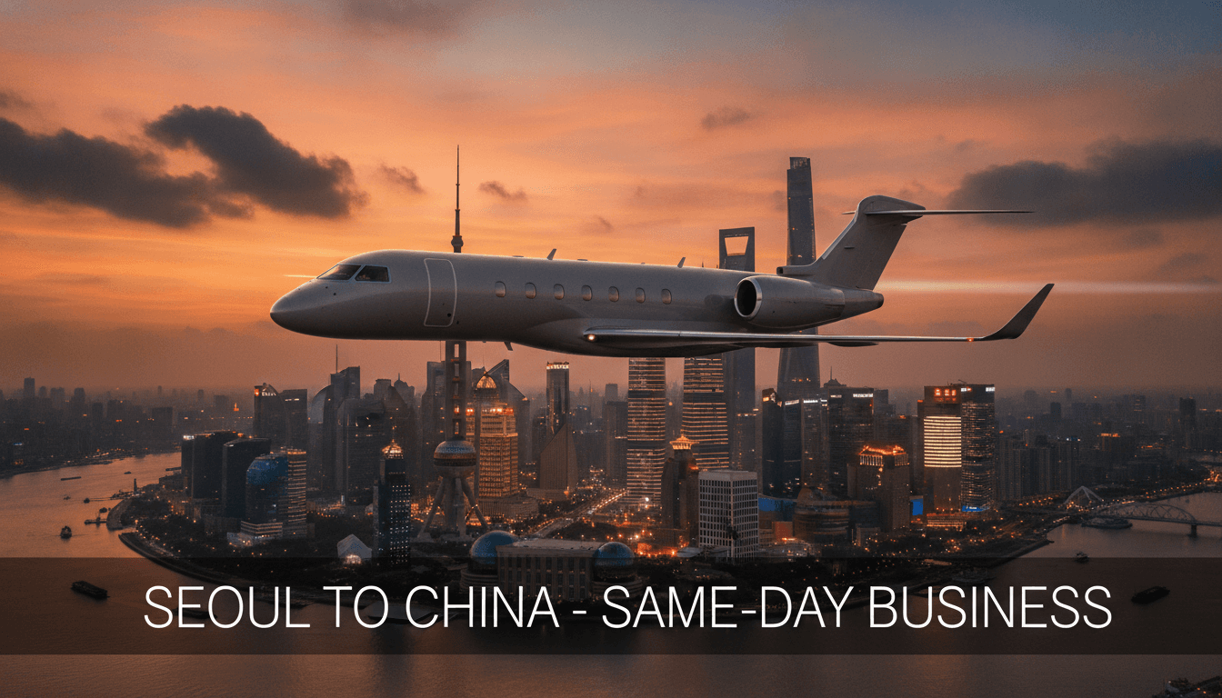 Business private jet flying over the Shanghai skyline - Korea-China same-day business charter guide