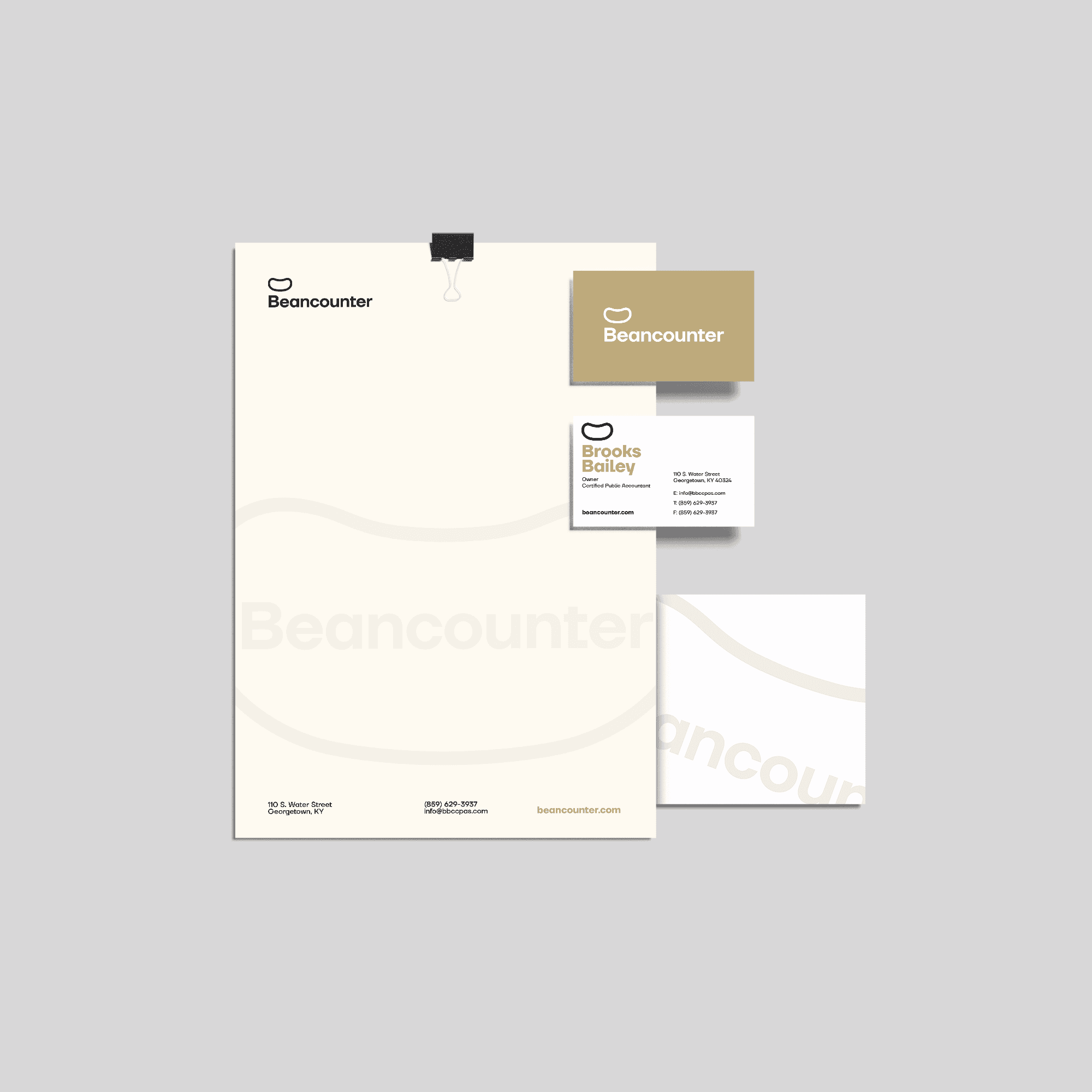 a comprehensive suite of ready-to-use physical assets empowers the Beancounter team to maintain a highly professional brand presence from day one. this practical toolkit includes custom business cards, letterheads, and branded envelopes tailored specifically for their everyday operations.