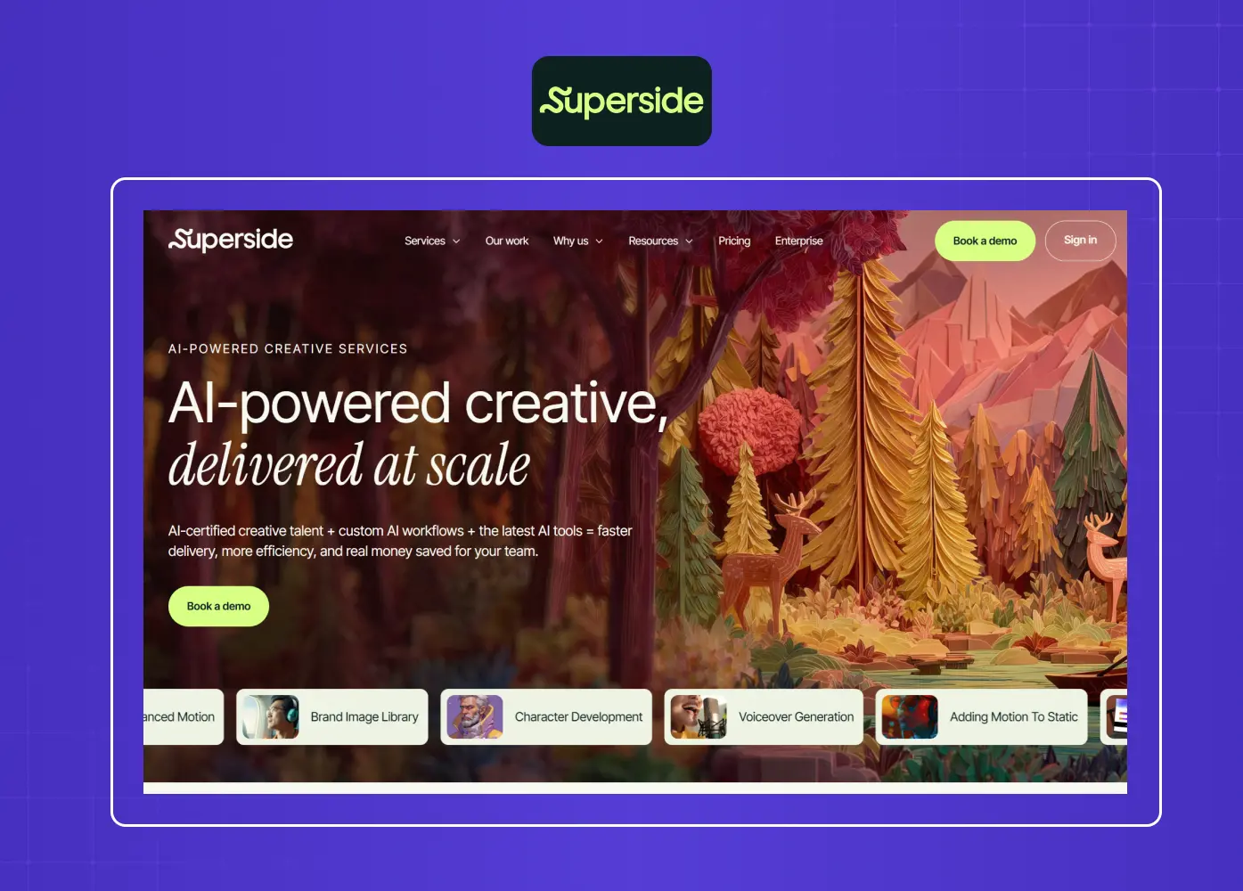 AI-powered creative services page highlighting scalable content production and generative AI capabilities.
