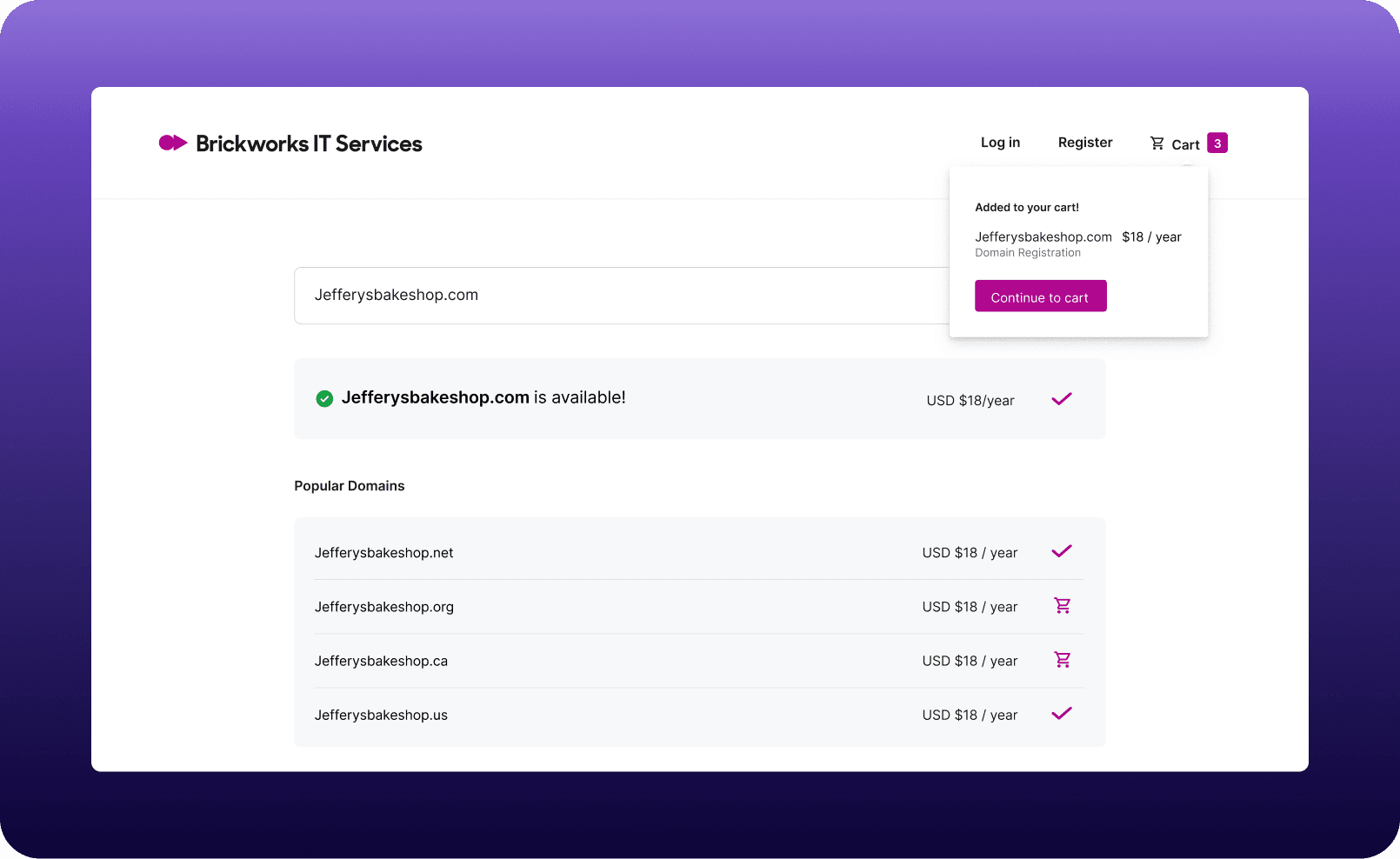 your domain name is available and here are other popular domain options