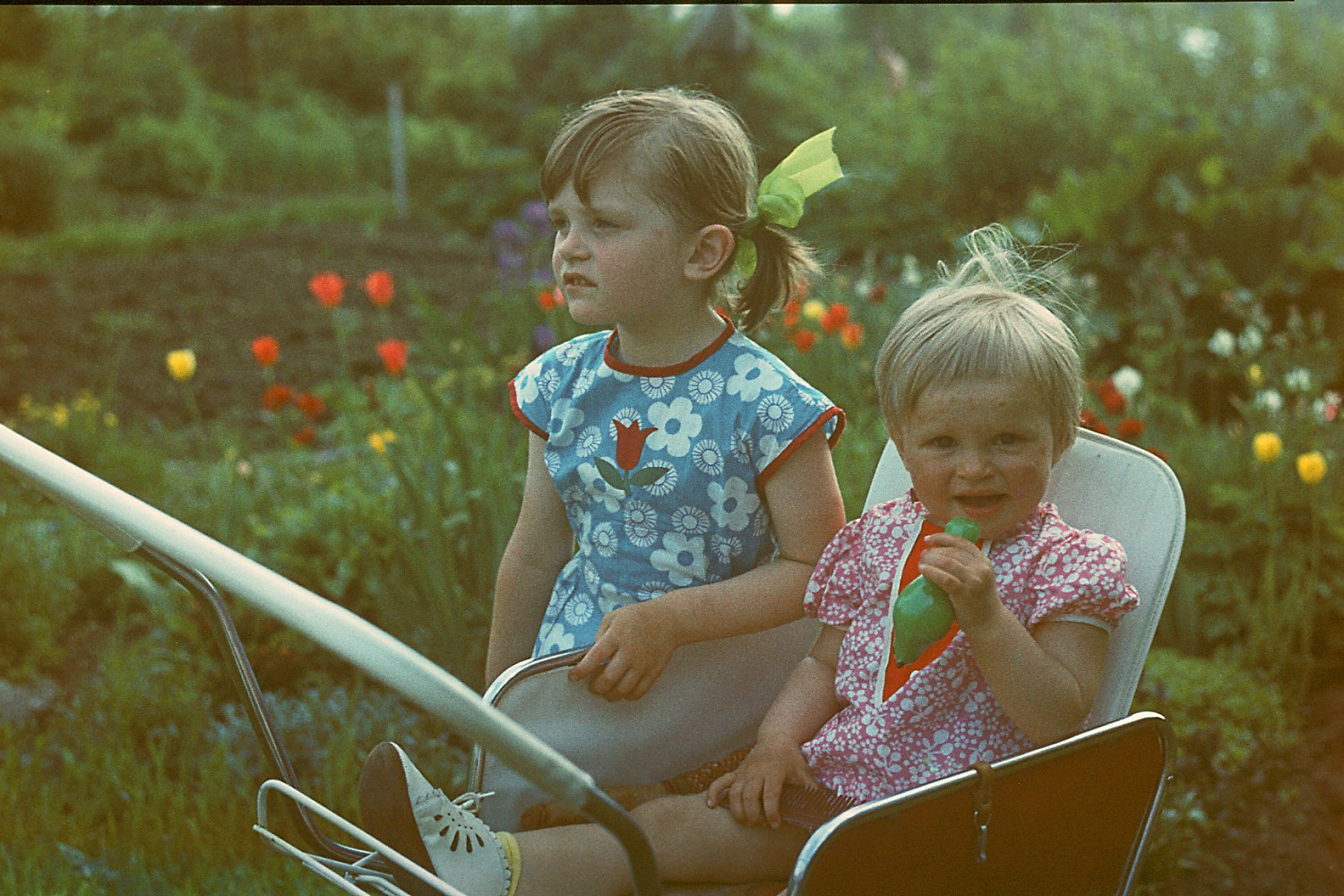 Kaks väikest last istuvad aias kärus