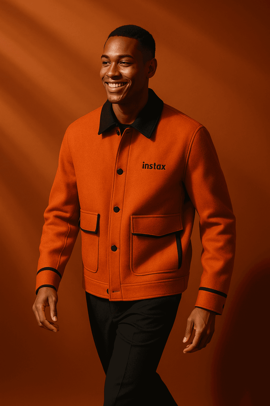 Homme dans une veste orange avec des accents noirs brodée avec le logo Instax, marchant avec assurance sur un fond orange brûlé.