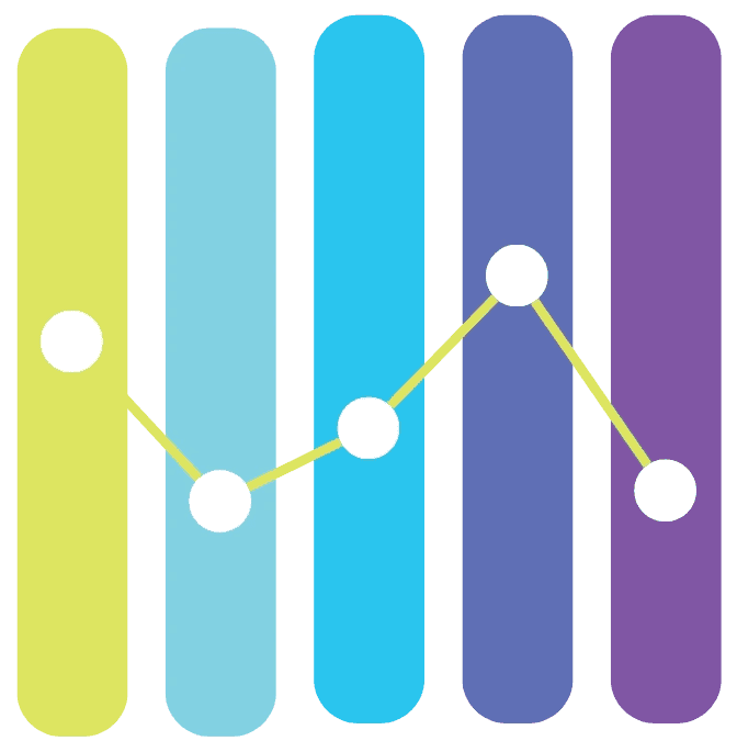 Five multi-colored vertical pillars with a graphical line running through the middle.