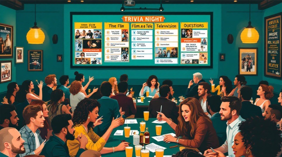 A competitive trivia night in a pub, with teams huddled together, brainstorming answers. The screen in the background displays a multiple-choice question, and players look focused yet excited.