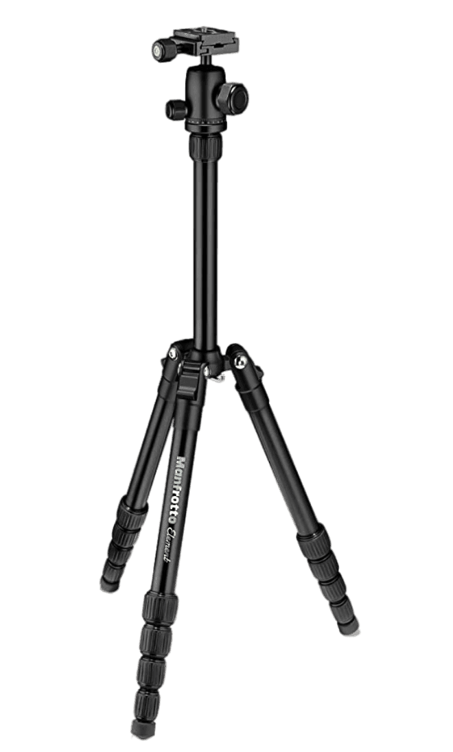 A black camera tripod with a mount on the top 