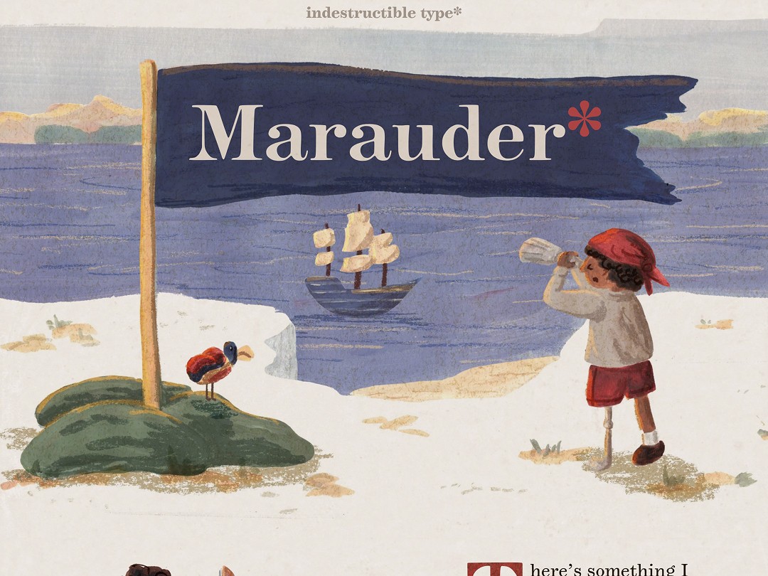 A child dressed as a sailor peers through a telescope at a ship on a serene ocean, beside a blue flag labeled "Marauder*" in a whimsical illustration promoting the "indestructible type" fonts library, highlighting unique typefaces and creative typography.