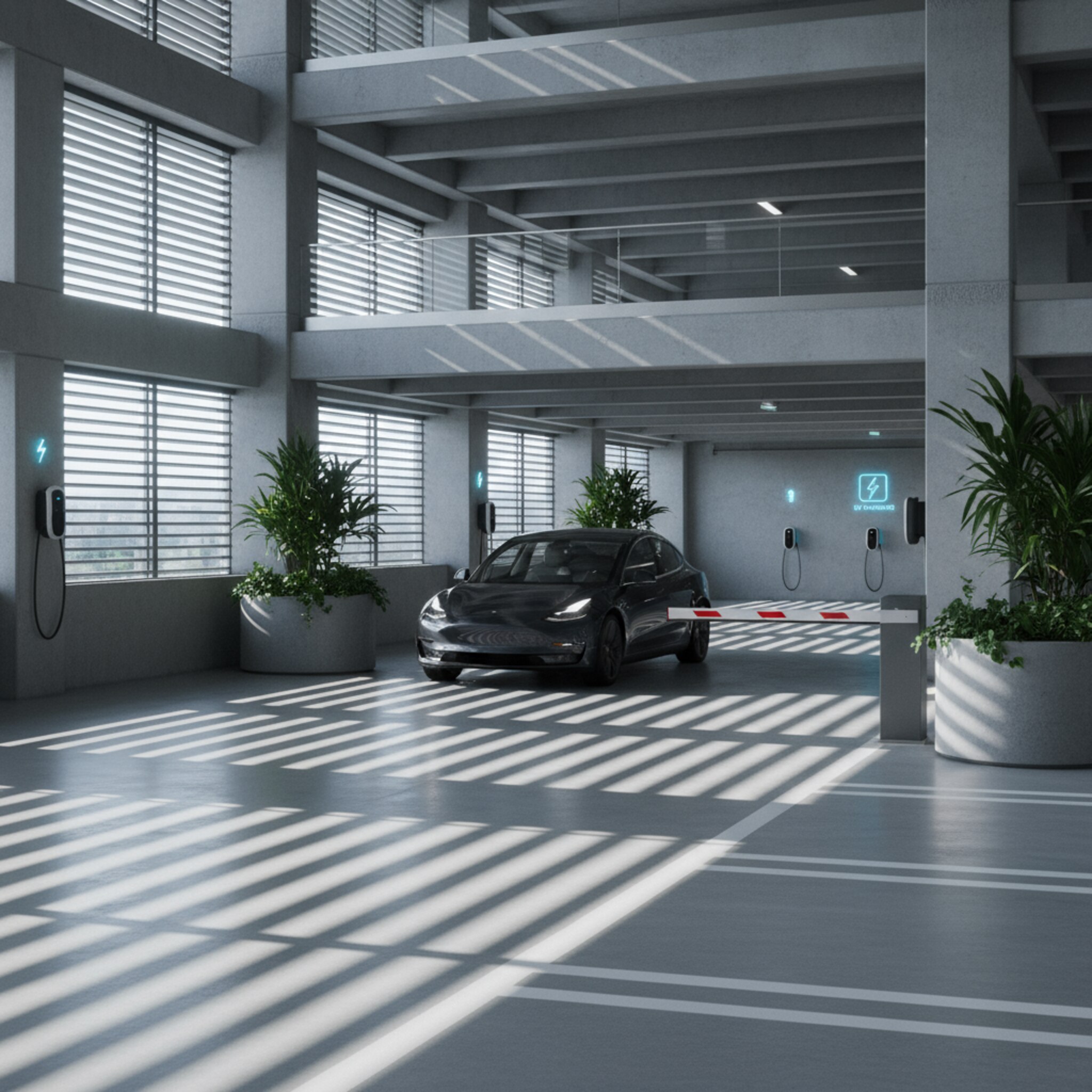 Morgensonne fällt durch die schmalen Öffnungen eines mehrstöckigen Parkhauses, sanftes Licht streift weiße Markierungen. Ein Fahrzeug rollt ruhig über glatten Beton, die Schranke steht bereits offen. Ein paar grüne Pflanzen lockern die kühle Architektur auf. In der Ferne blinken dezente Hinweise zu E-Ladebereichen.
