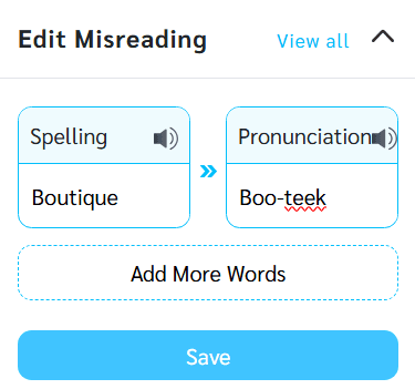"Edit Misreading" section correcting pronunciation of "Boutique" to "Boo-teek."