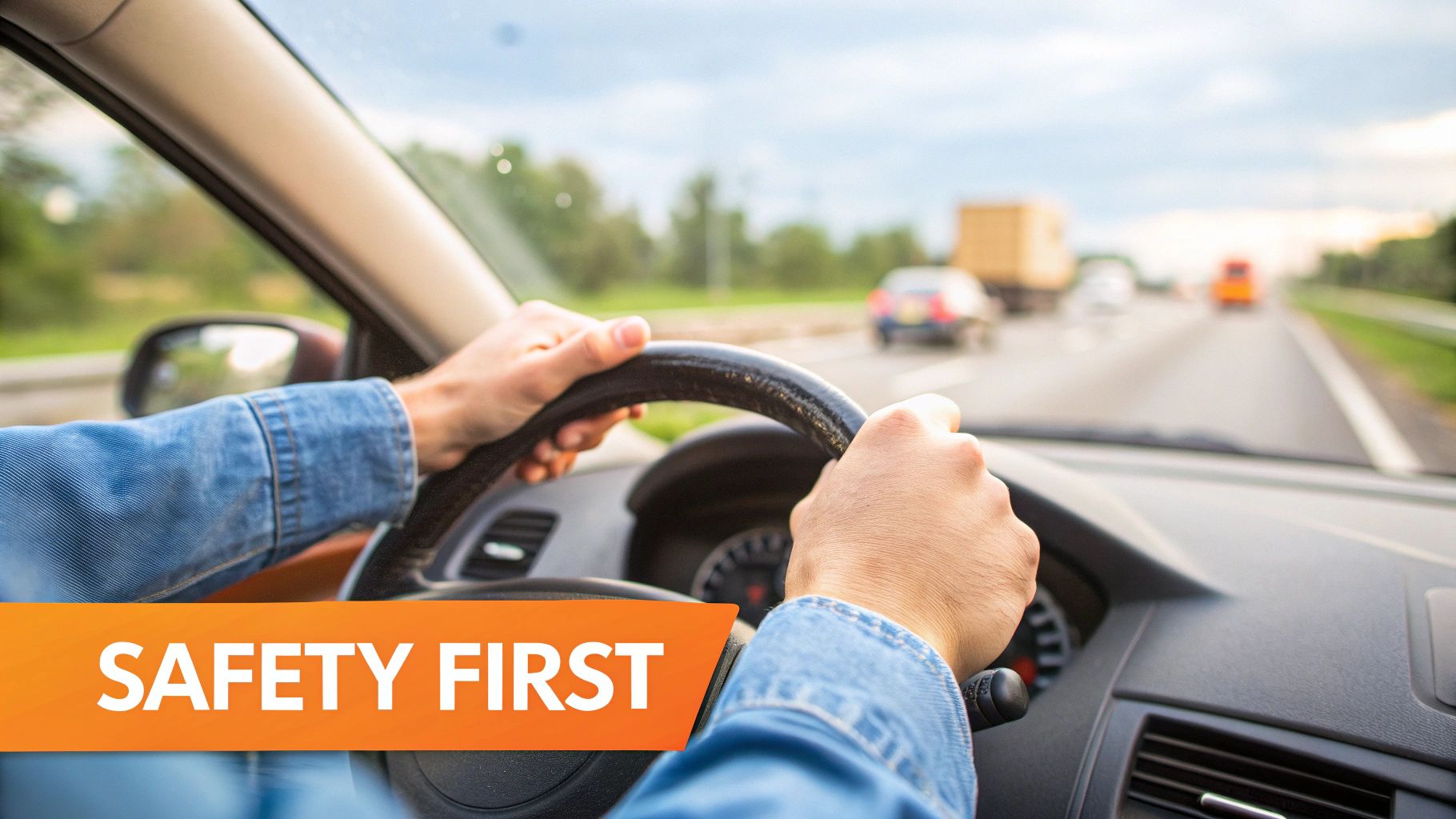 A person's hands are on a car steering wheel, driving on a highway with blurred traffic. A 'SAFETY FIRST' banner is visible.